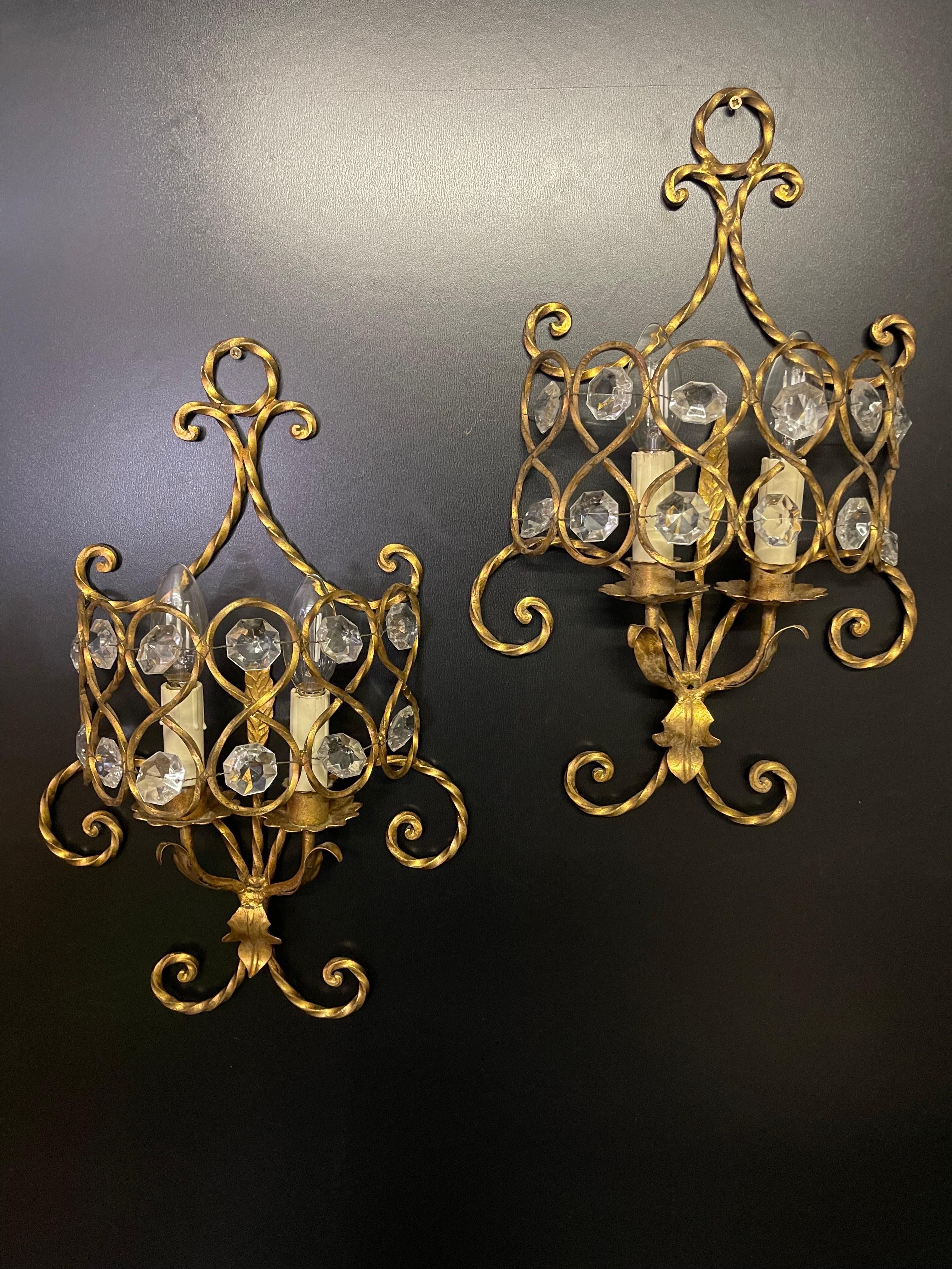 Set of Three Italian Gilt Iron and Crystal Light Fixtures, circa 1970s For Sale 2