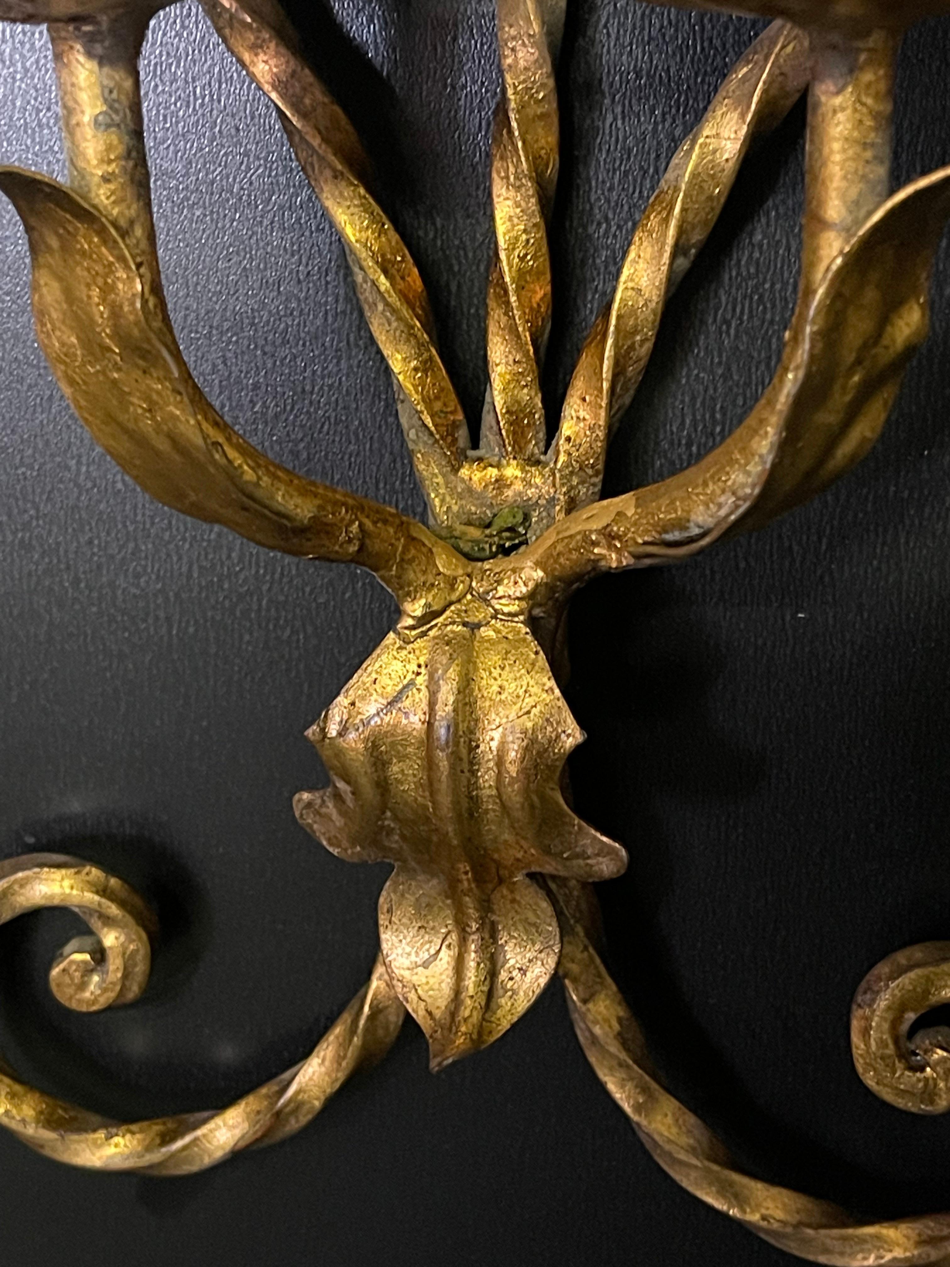 Set of Three Italian Gilt Iron and Crystal Light Fixtures, circa 1970s For Sale 3