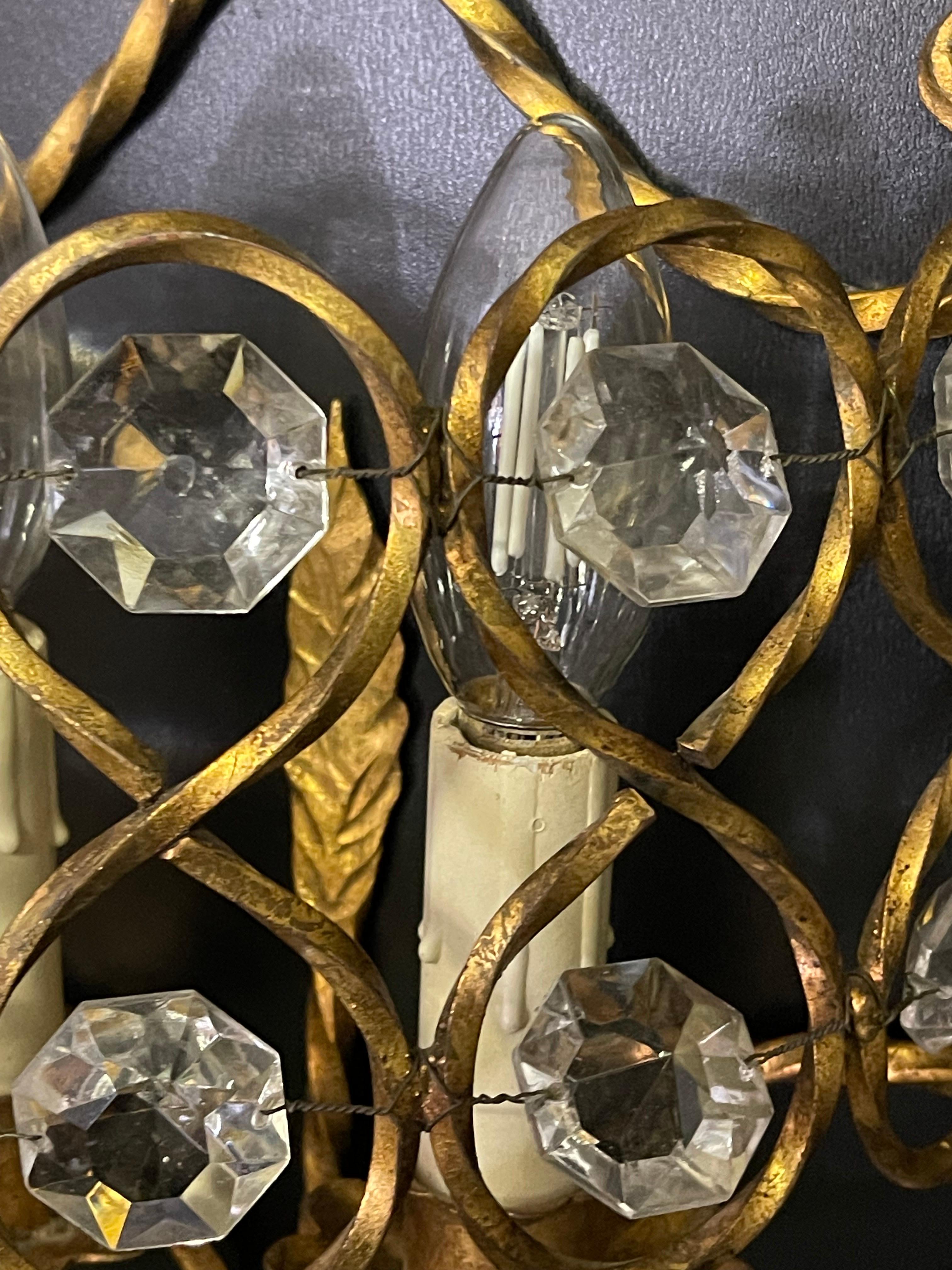 Set of Three Italian Gilt Iron and Crystal Light Fixtures, circa 1970s For Sale 4