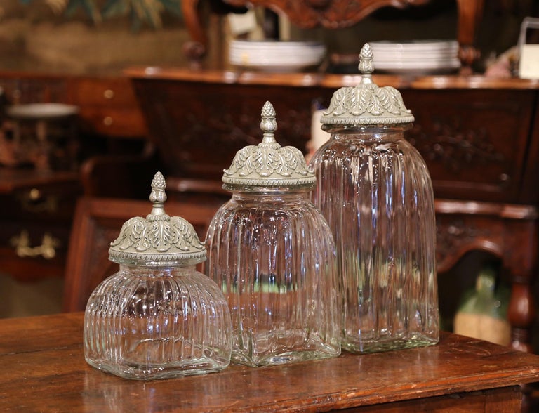 Set of Three Italian Glass Ginger Jars with Carved Silver Paint Lids at