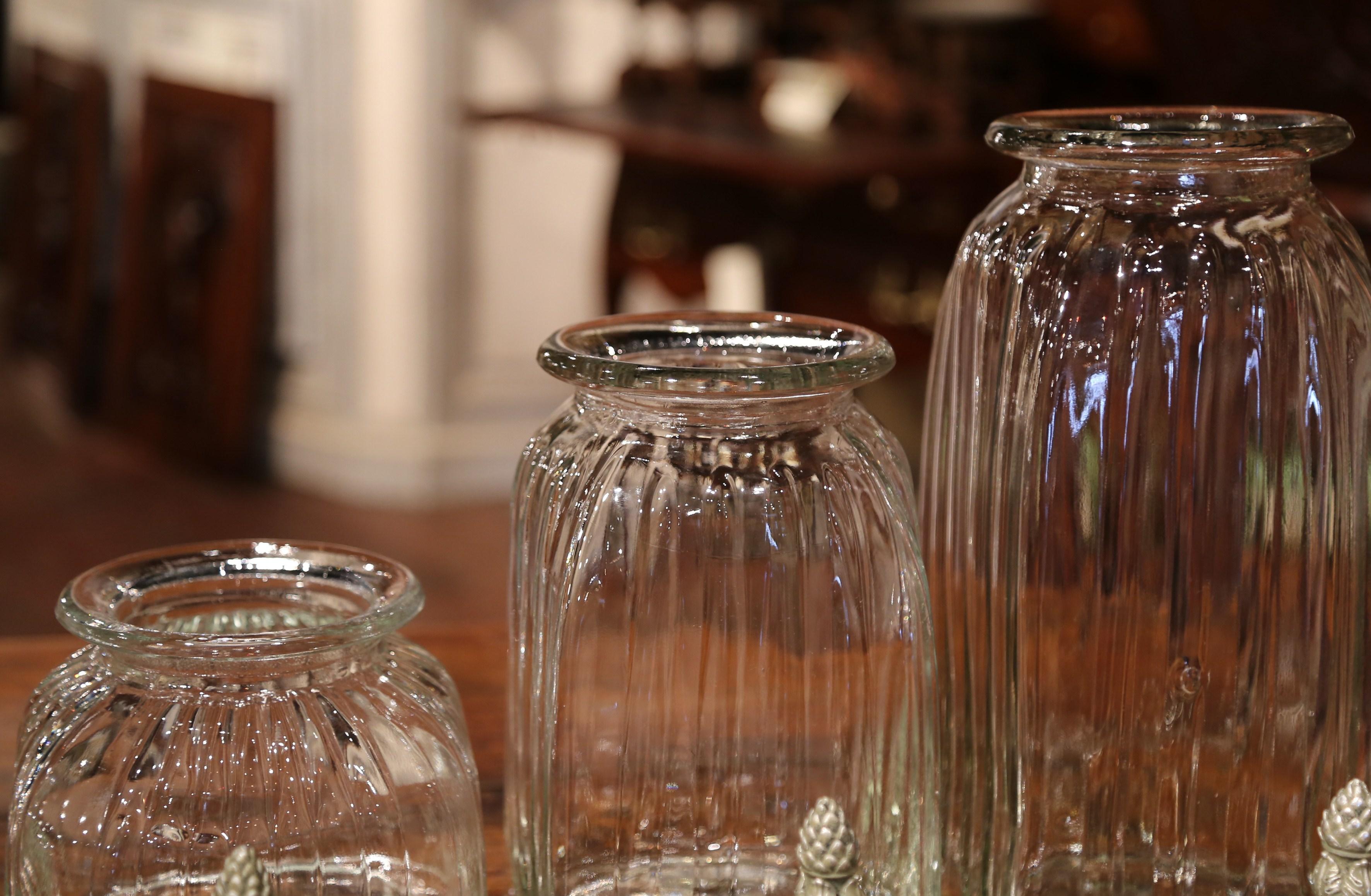 Hand-Crafted Set of Three Italian Glass Ginger Jars with Carved Silver Paint Lids