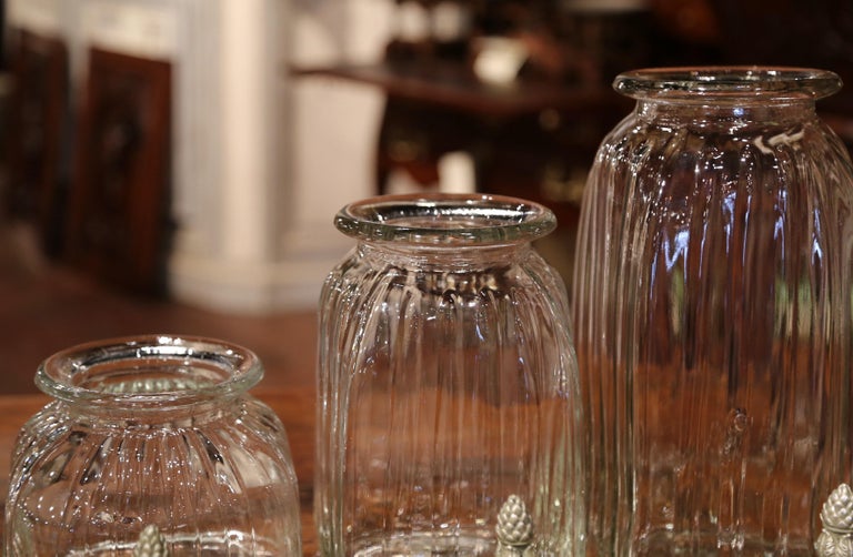 Set of Three Italian Glass Ginger Jars with Carved Silver Paint Lids at