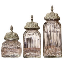 Vintage Set of Three Italian Glass Ginger Jars with Carved Silver Paint Lids
