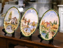 Set of Three Italian Hand Painted Faience Oval Decorative Wall Plaques