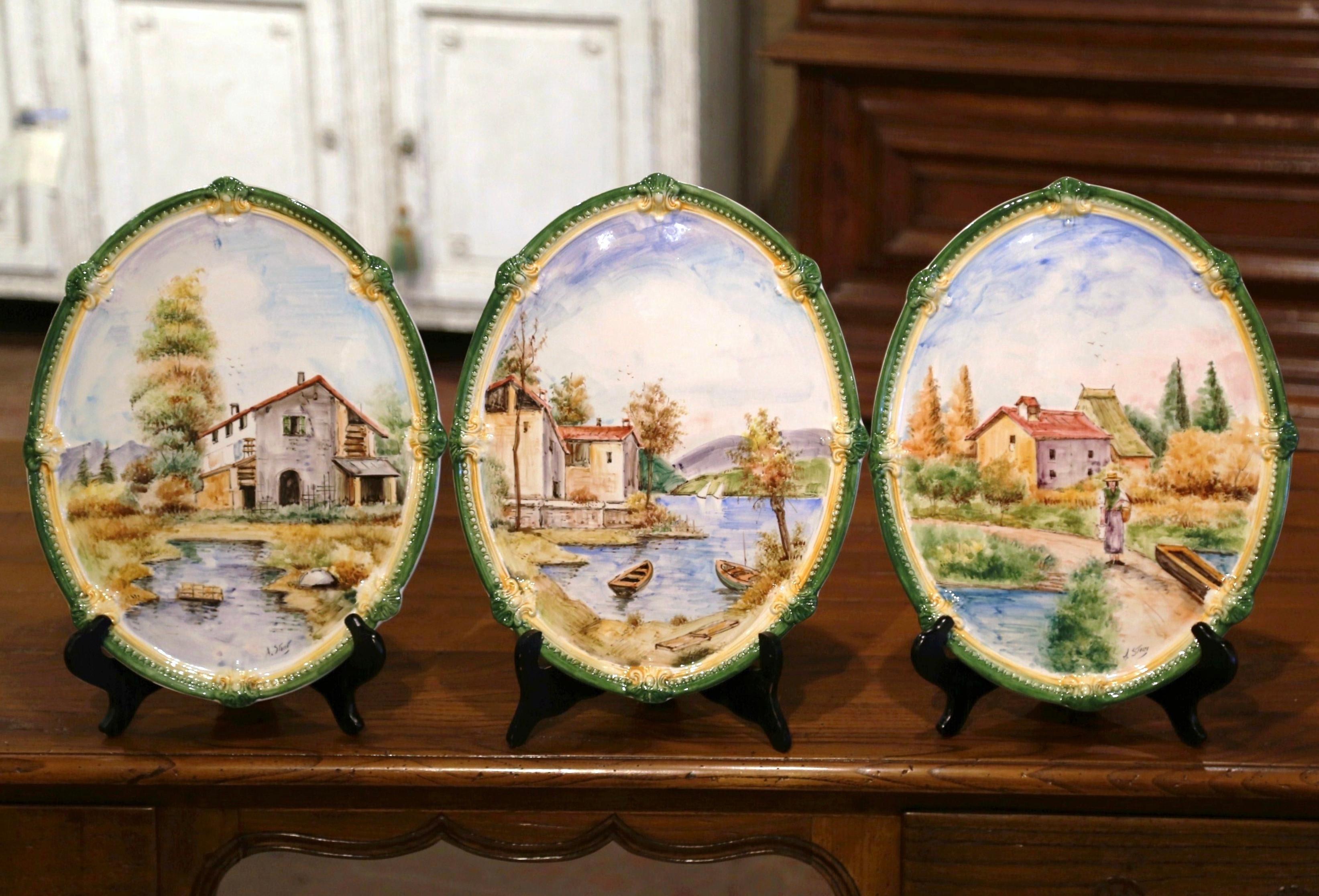 Ceramic Set of Three Italian Hand Painted Faience Oval Decorative Wall Plaques For Sale