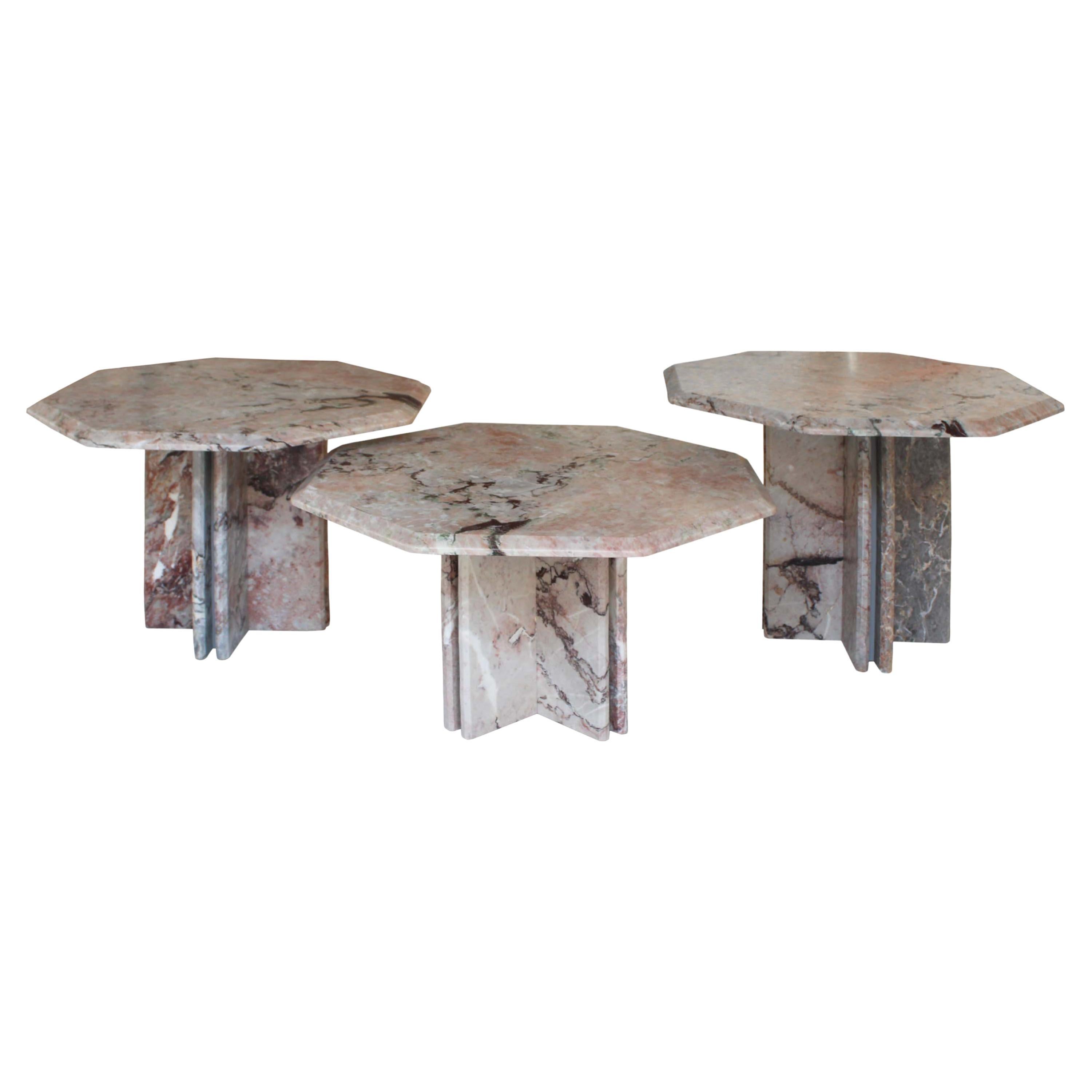 Set of Three Italian Hexagonal Nesting Tables in Arabescato Rosato Marble, 1970s