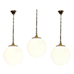 Set of Three Italian Large Hand Blown Opaline Glass Sphere Pendants, 1950s