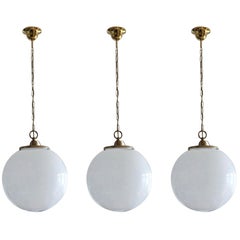 Set of Three Italian Large Hand Blown Opaline Glass Sphere Pendants, 1950s