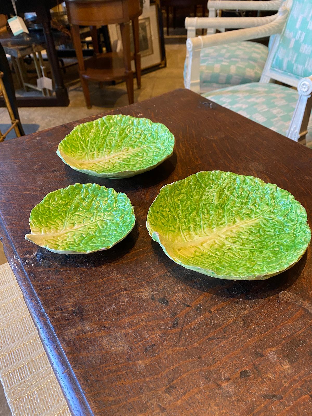19th Century Set of Three Italian Majolica Napoli Green Lettuceware / Cabbage Plates Unmarked