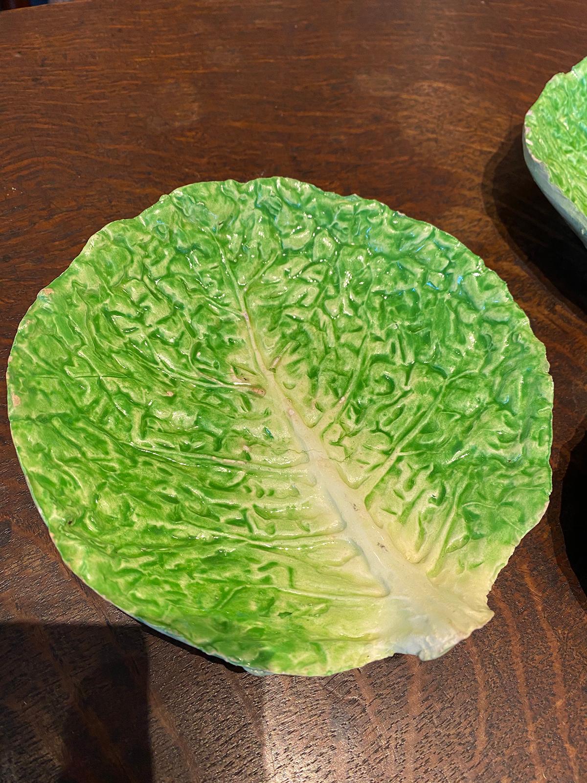 Set of Three Italian Majolica Napoli Green Lettuceware / Cabbage Plates Unmarked 1