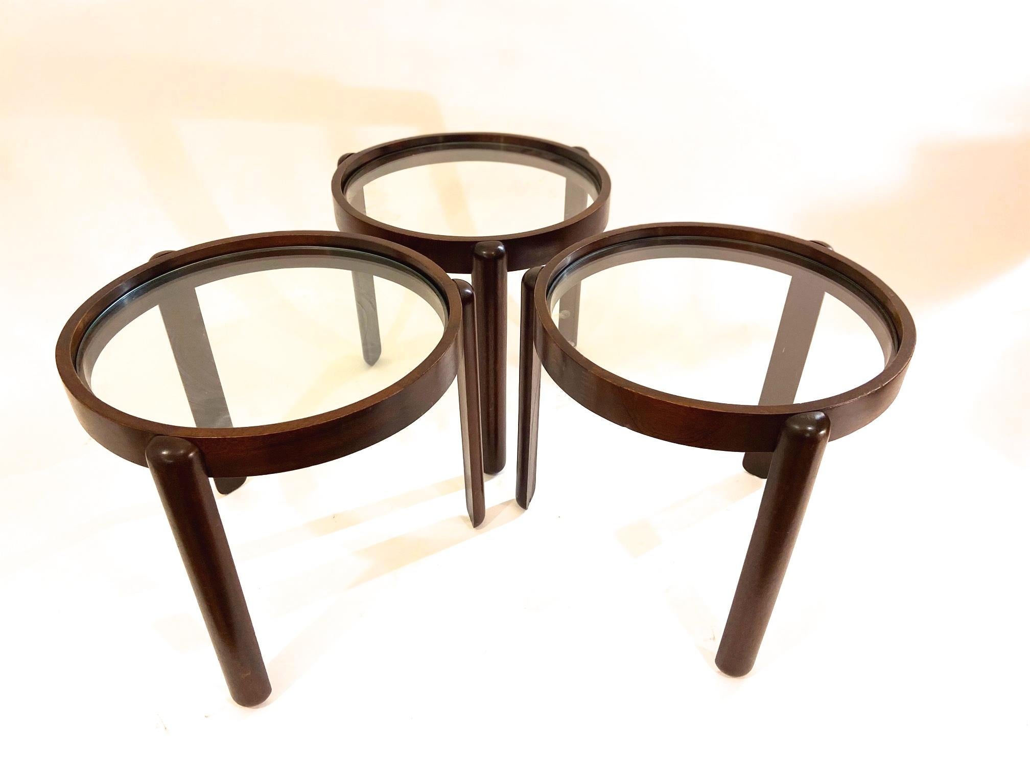 Glass Set of Three Italian Mid-Century Modern Mahogany Nesting Tables, 1960s