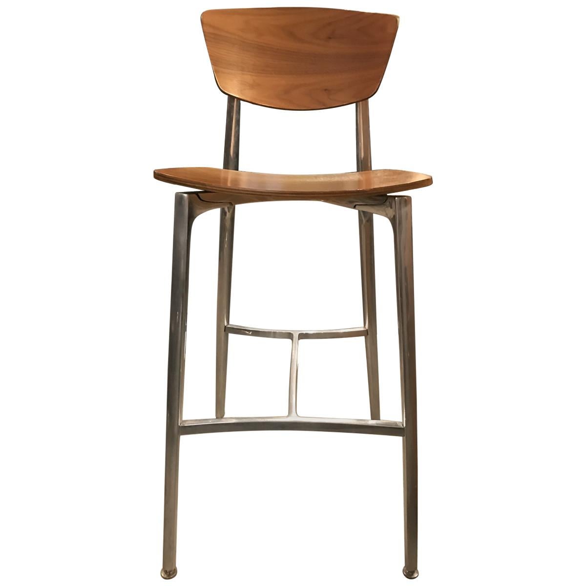 Set of Three Italian Mid-Century Modern Plywood and Steel Bar Stools 1