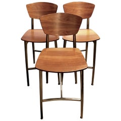 Set of Three Italian Mid-Century Modern Plywood and Steel Bar Stools