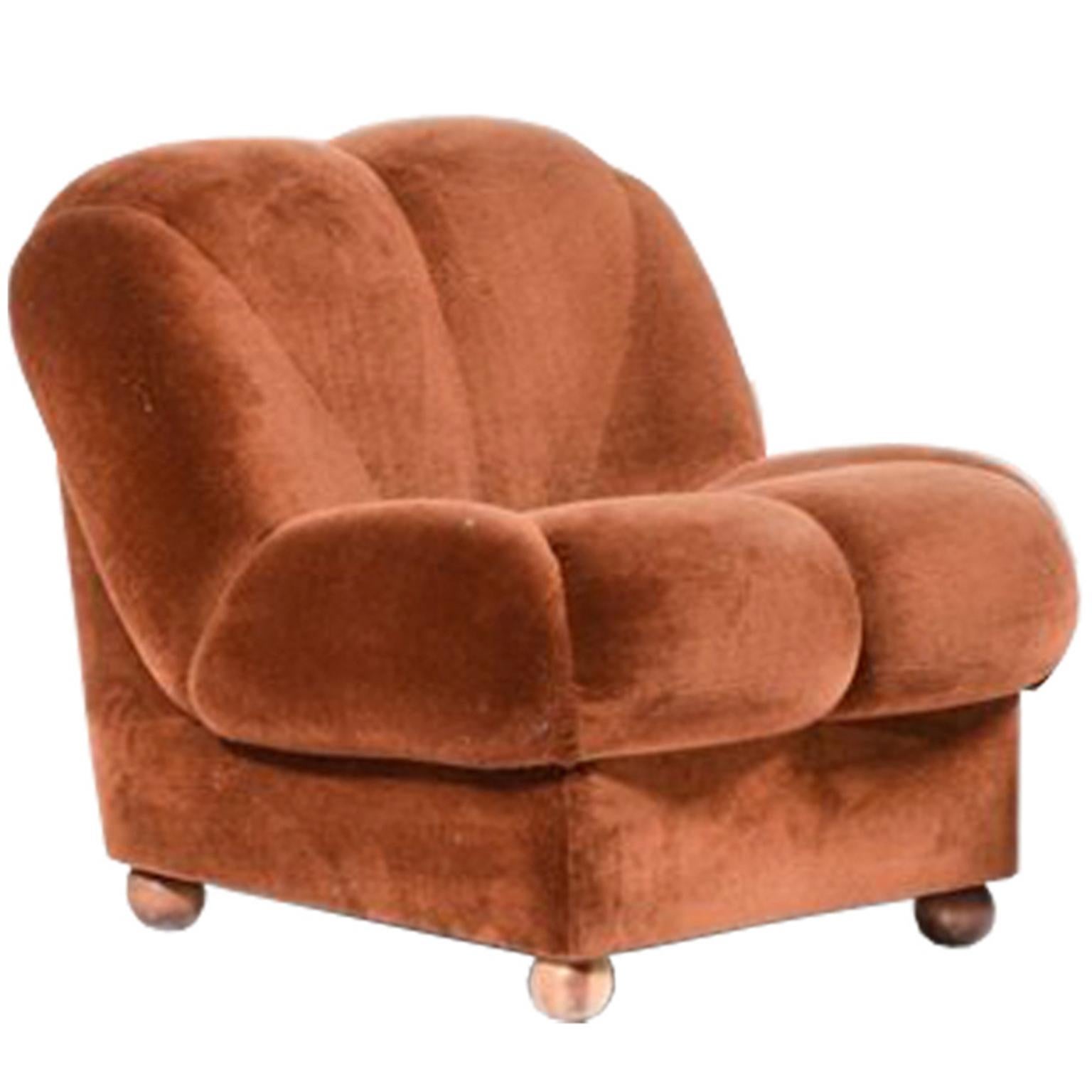 Single Italian Mid-Century Slipper Chair - walnut feet and original upholstery For Sale
