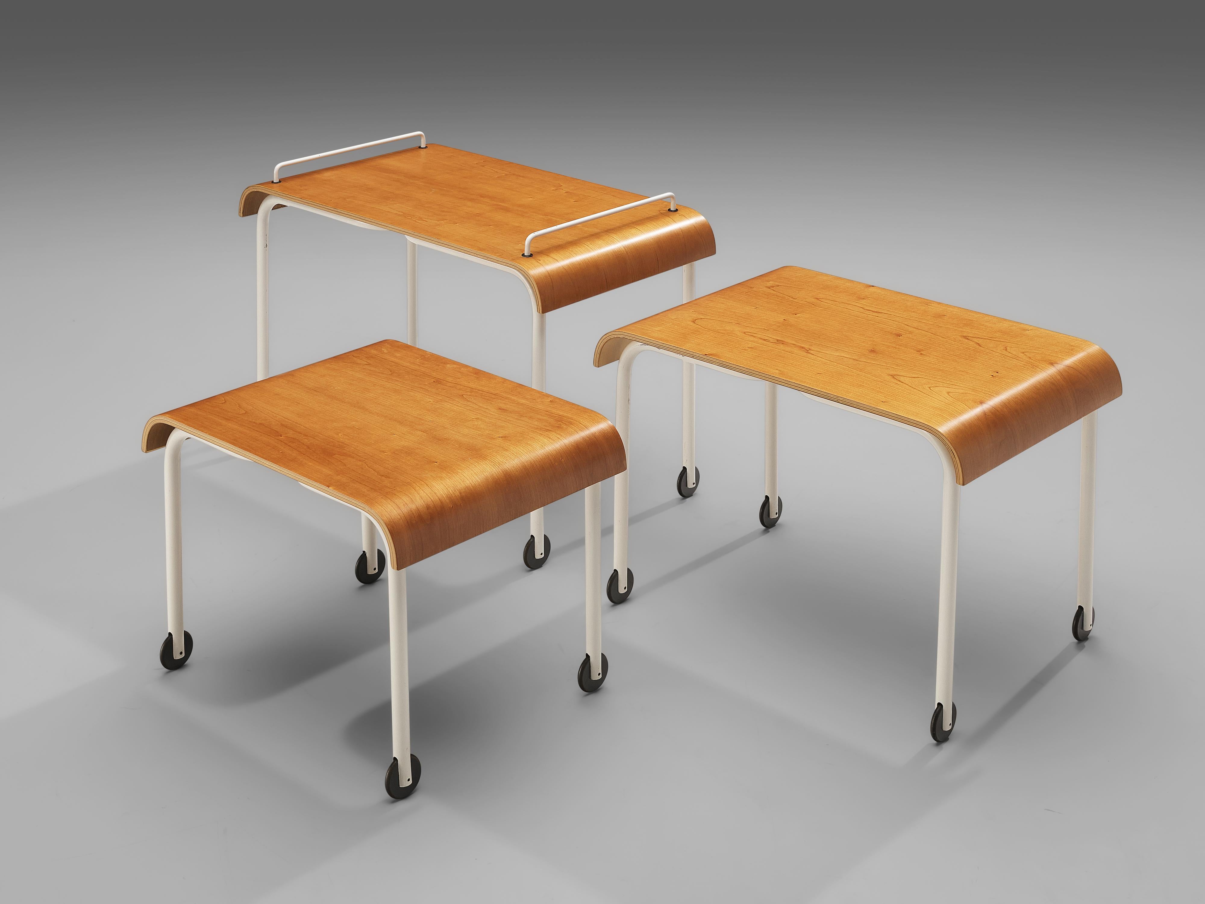 Mid-Century Modern Set of Three Italian Nesting Tables on Wheels in Metal and Plywood