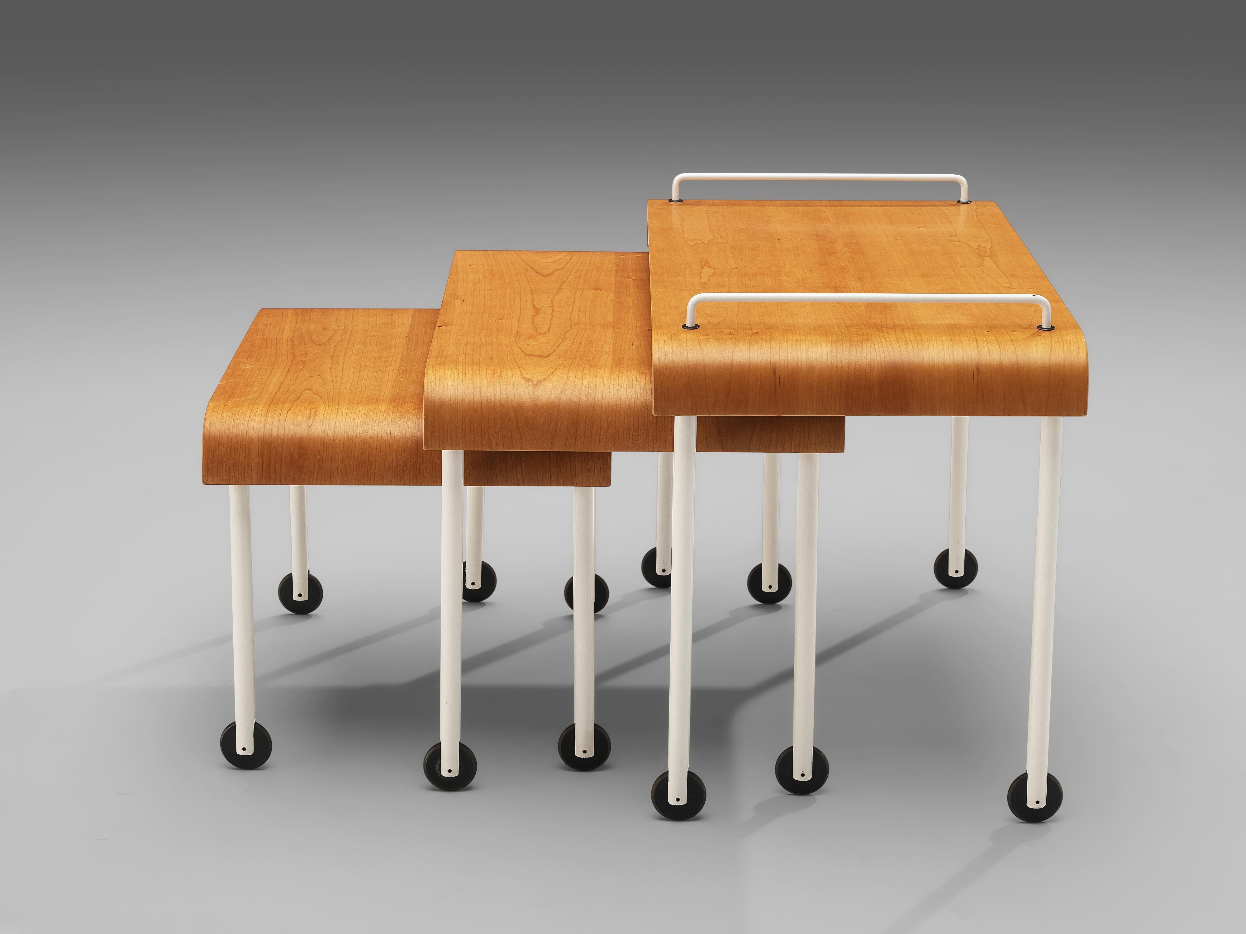 Late 20th Century Set of Three Italian Nesting Tables on Wheels in Metal and Plywood