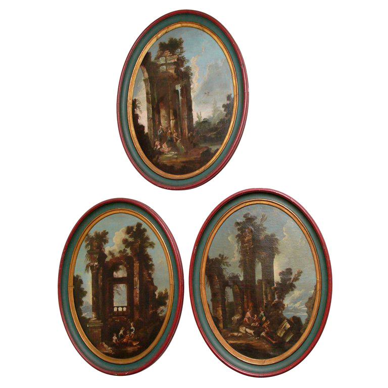 SET OF THREE ITALIAN OVAL OIL ON CANVAS For Sale