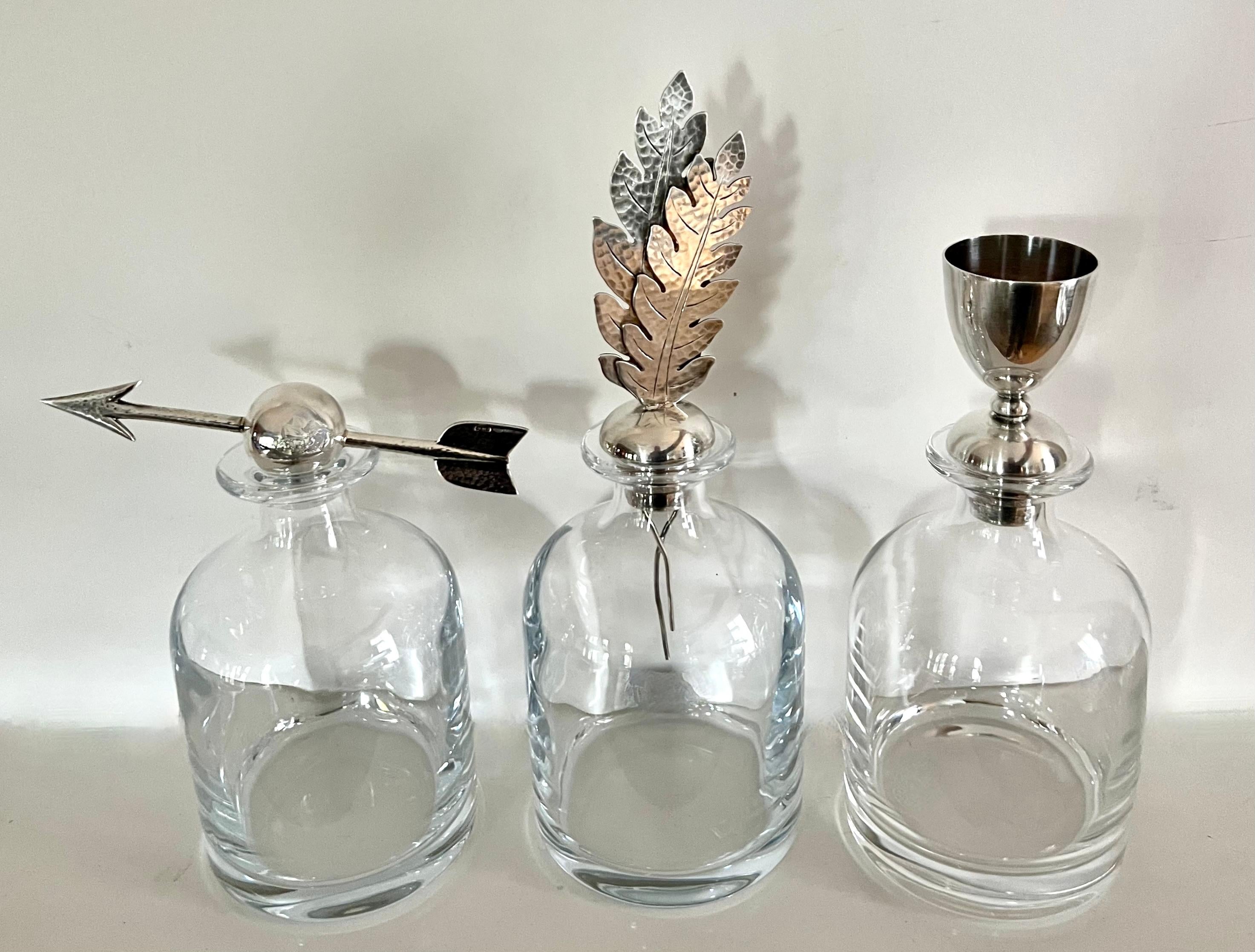 Set of Three Italian Pampaloni Crystal Decanters with Unique Silver Toppers 12