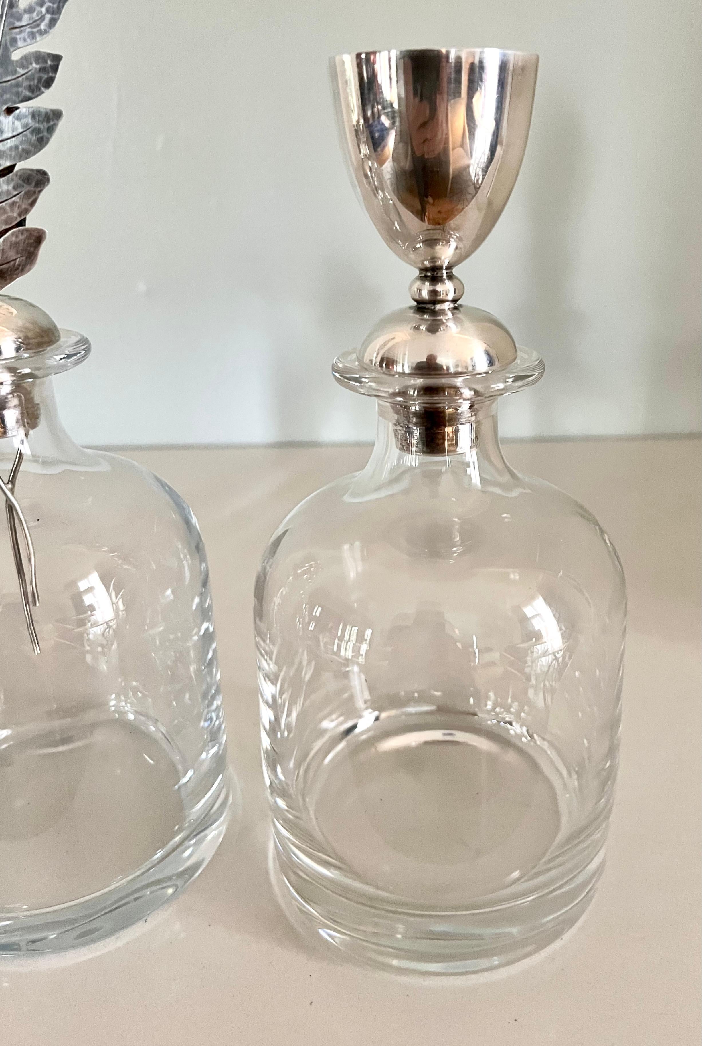 Mid-Century Modern Set of Three Italian Pampaloni Crystal Decanters with Unique Silver Toppers