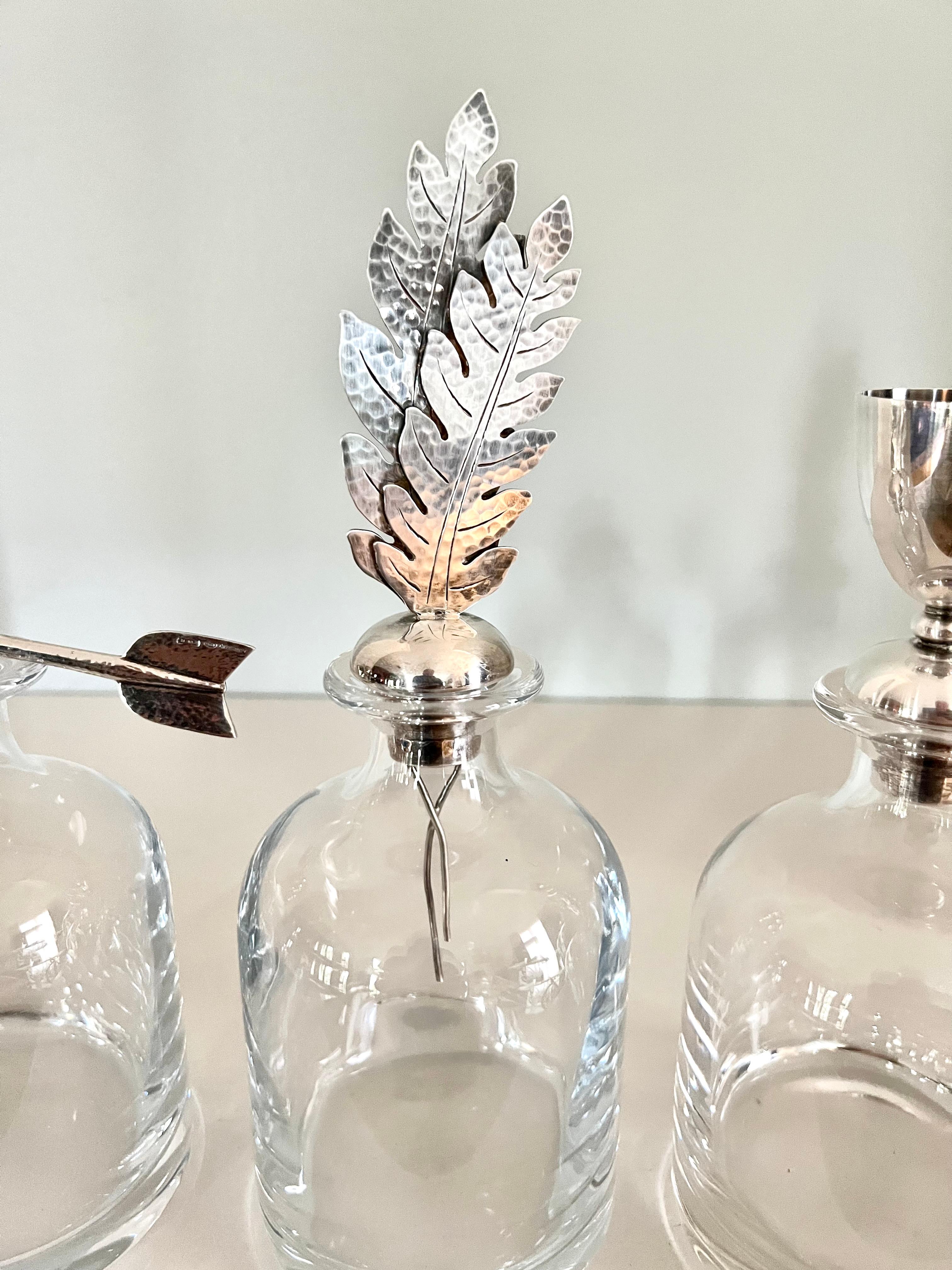 Set of Three Italian Pampaloni Crystal Decanters with Unique Silver Toppers In Good Condition In Los Angeles, CA