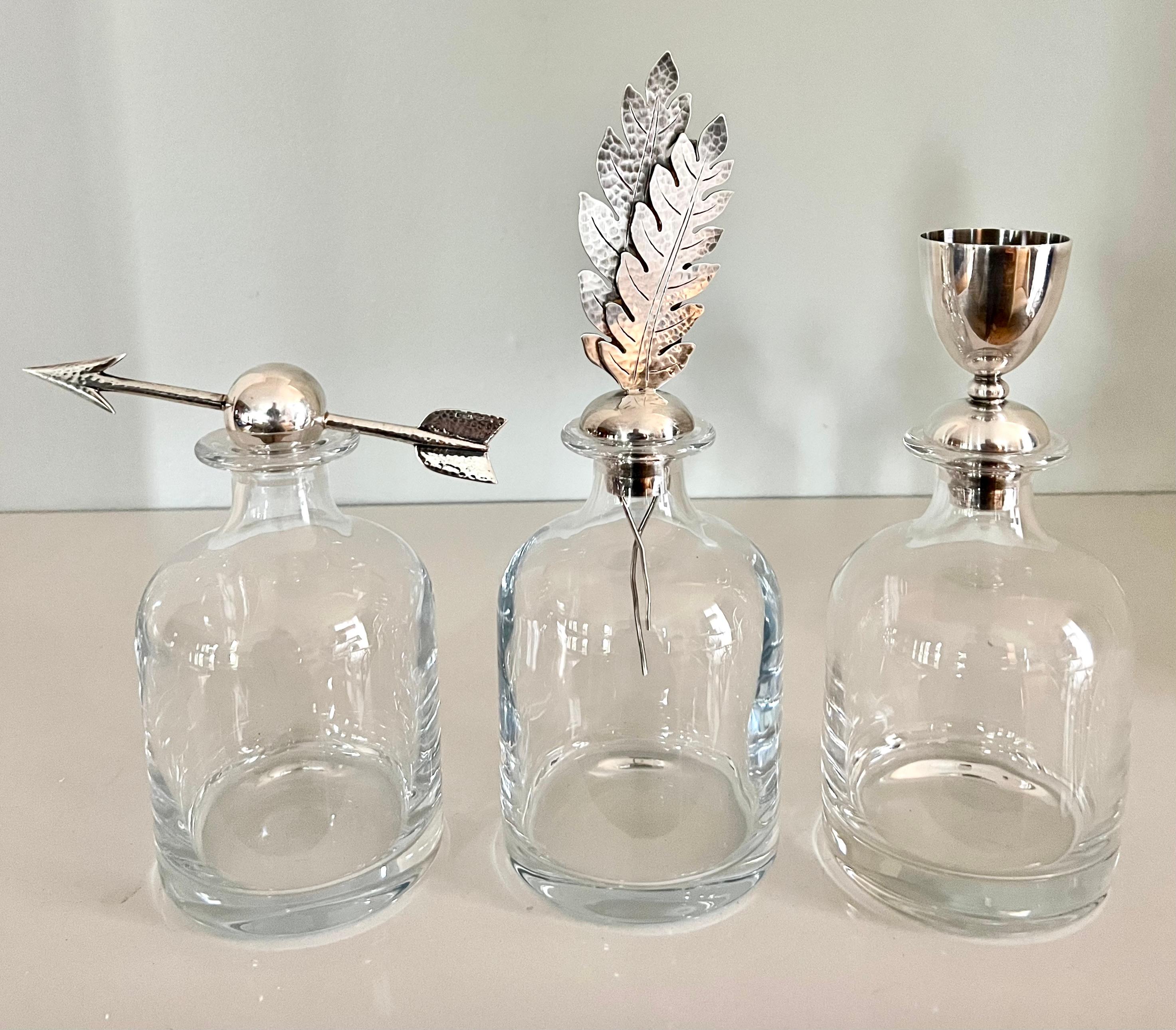 Set of Three Italian Pampaloni Crystal Decanters with Unique Silver Toppers 1