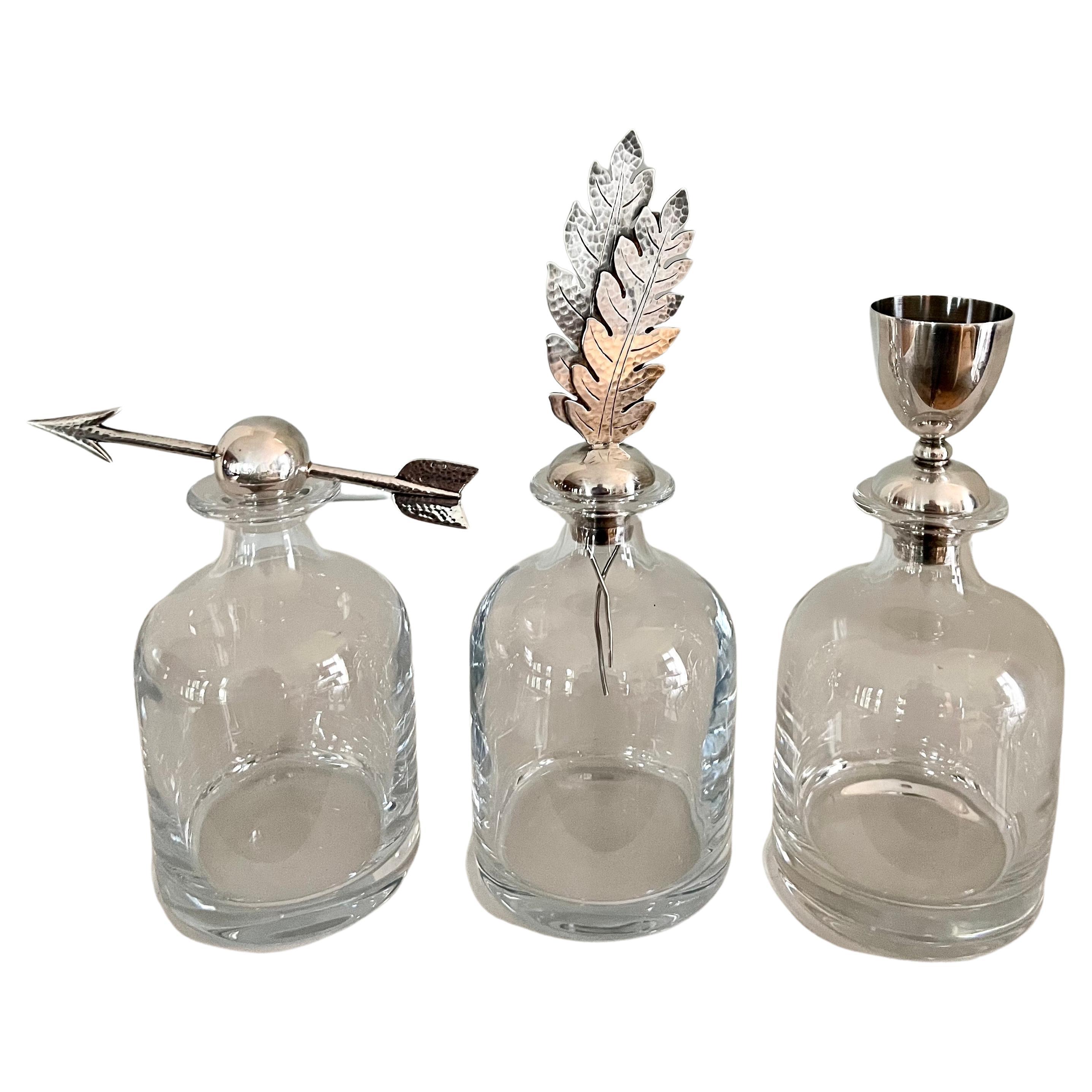 Set of Three Italian Pampaloni Crystal Decanters with Unique Silver Toppers