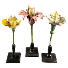 Set of Three Italian Papier-mâché Floral Sculptures on Wood Bases