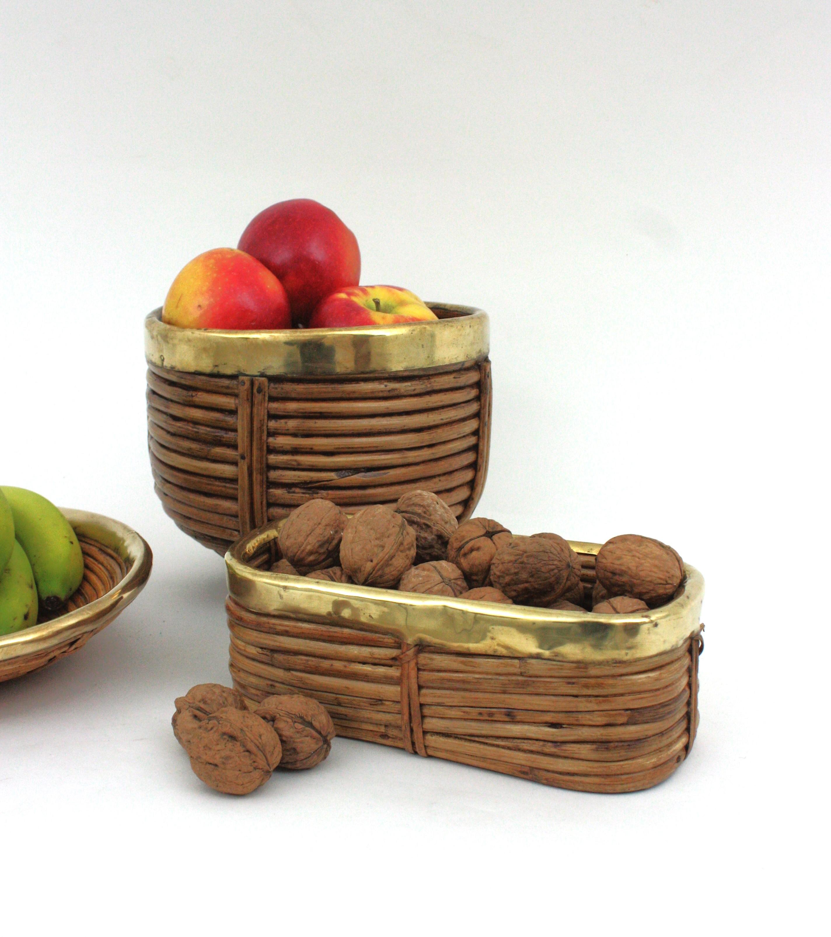 Set of Three Italian Rattan and Brass Basket Bowls For Sale 2