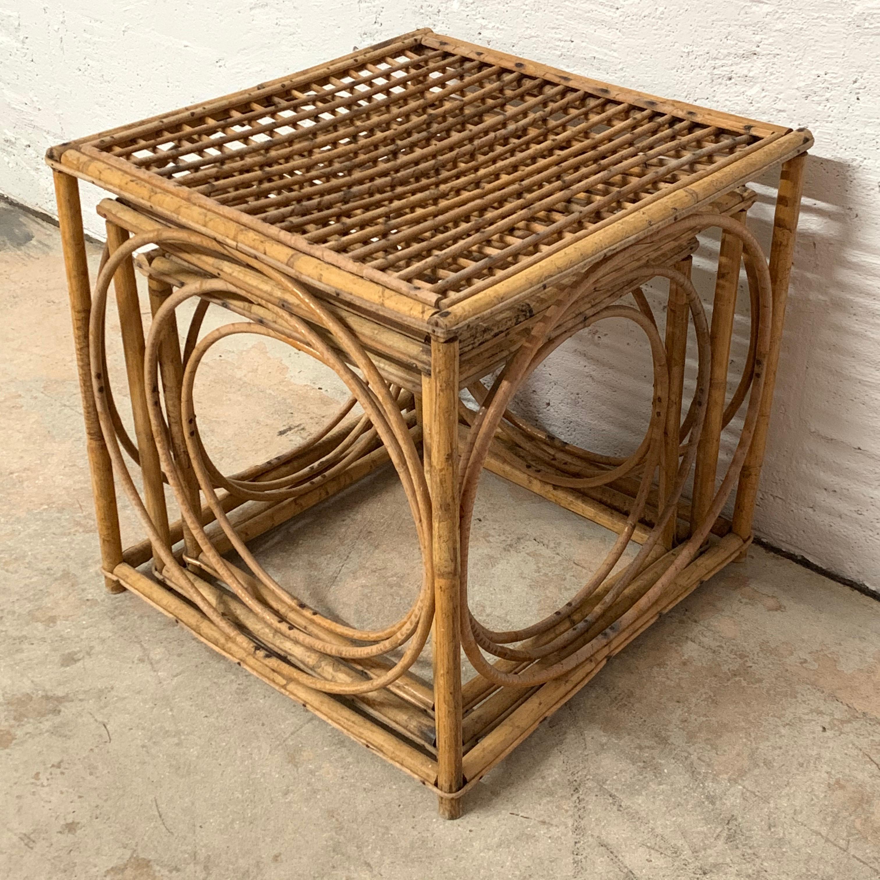 Bamboo Set of Three Italian Rattan Nesting or Bunching Cube Tables, Franco Albini
