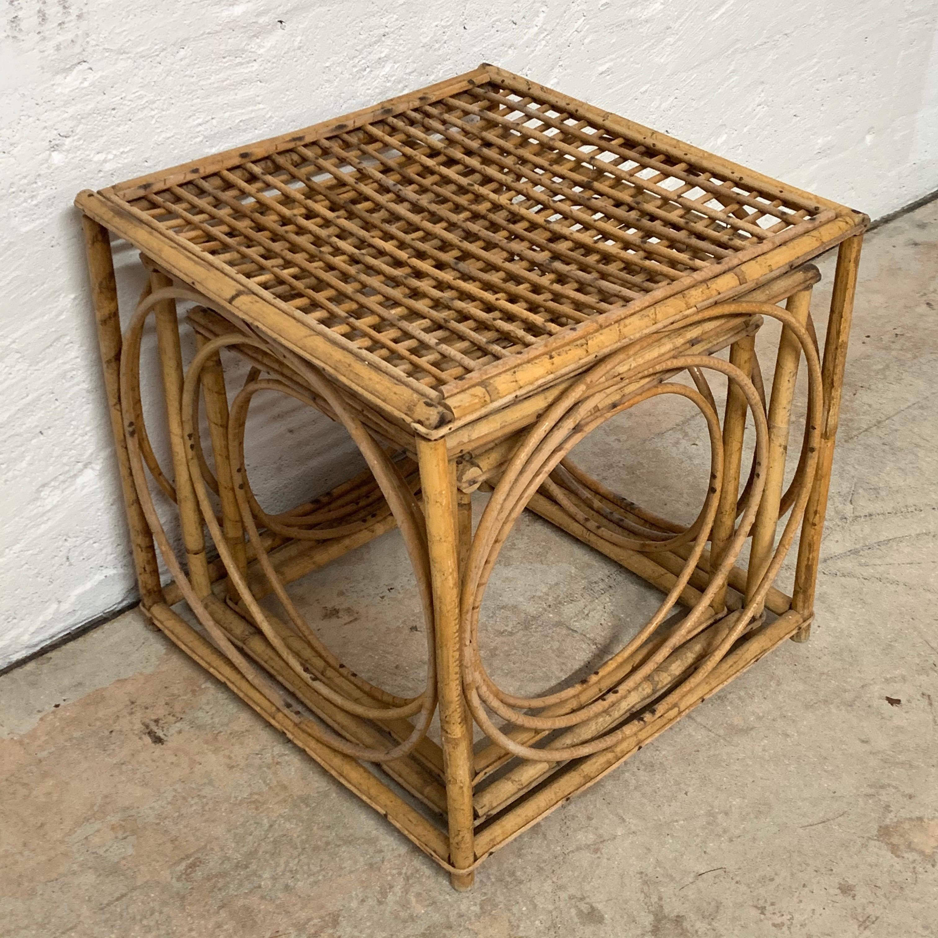 Set of Three Italian Rattan Nesting or Bunching Cube Tables, Franco Albini 1