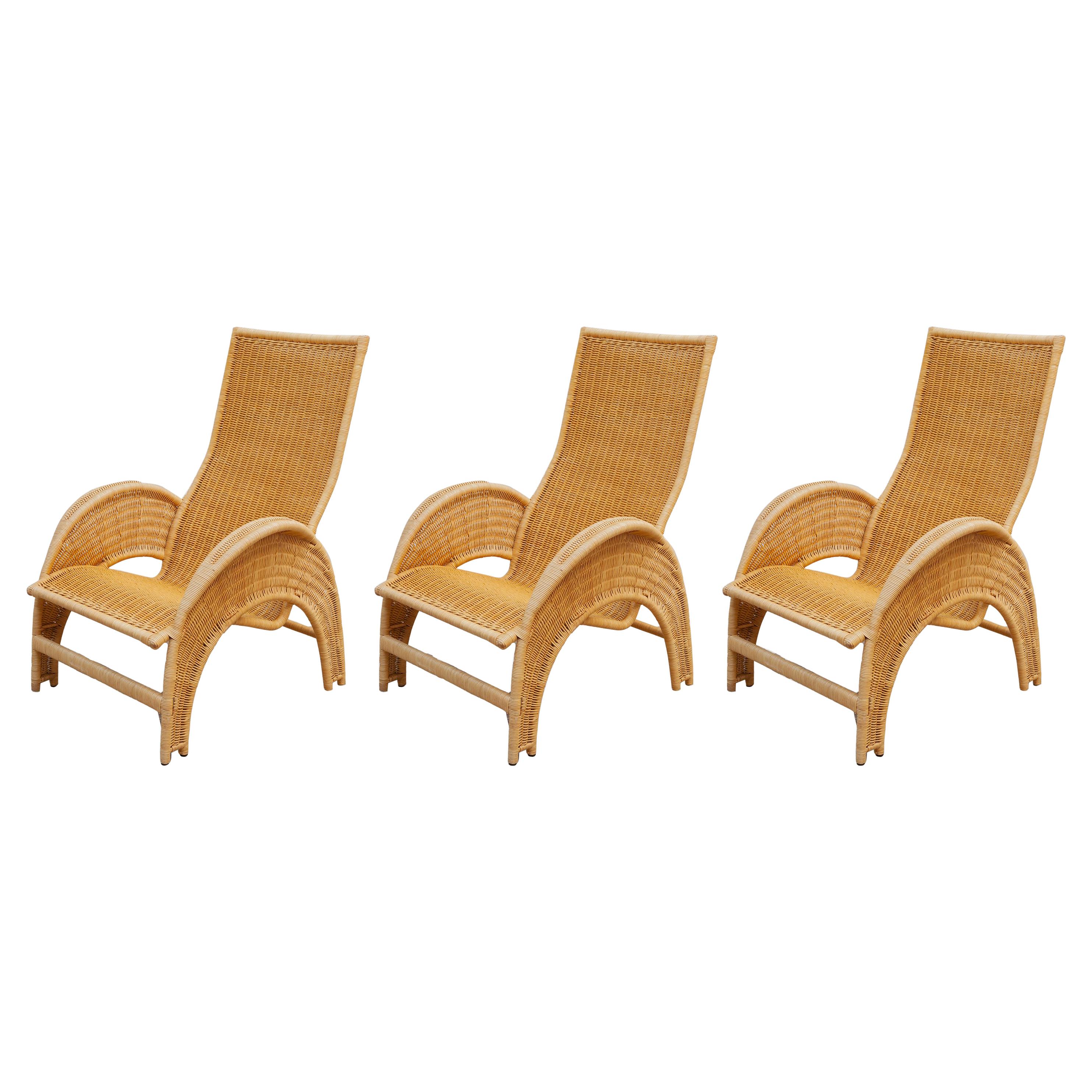 Set of Three Italian Rattan Patio Lounge Chairs for Bonacina