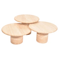 Set of Three Italian Round Pedestal Coffee Tables, Cream Travertine, 1970, Italy