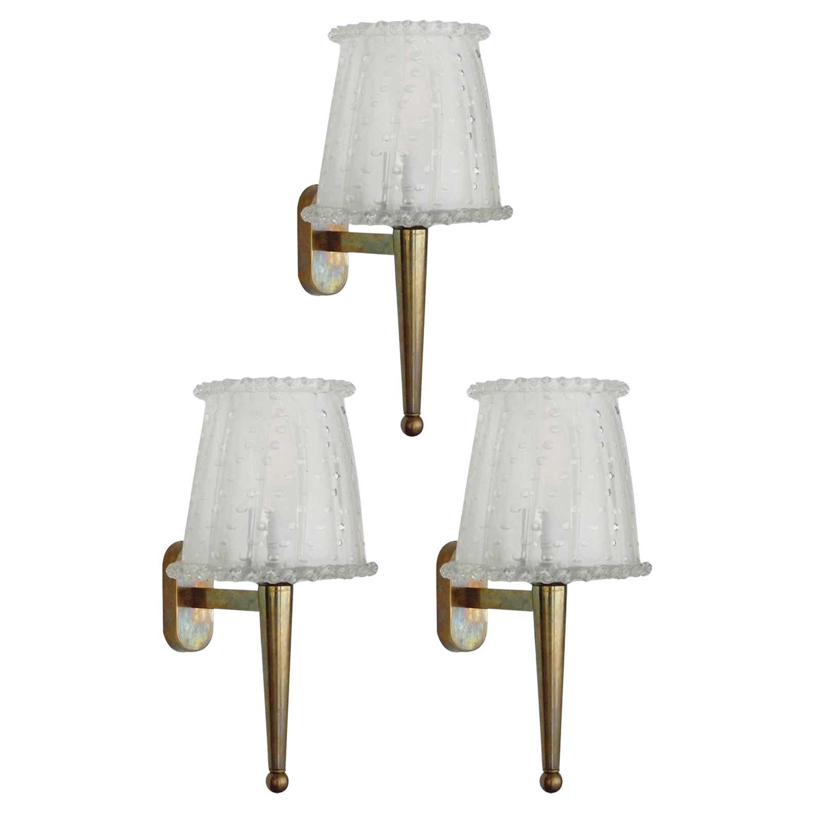 Set of Three Italian Sconces w/ Clear Murano Glass in Pulegoso Technique, 1960s