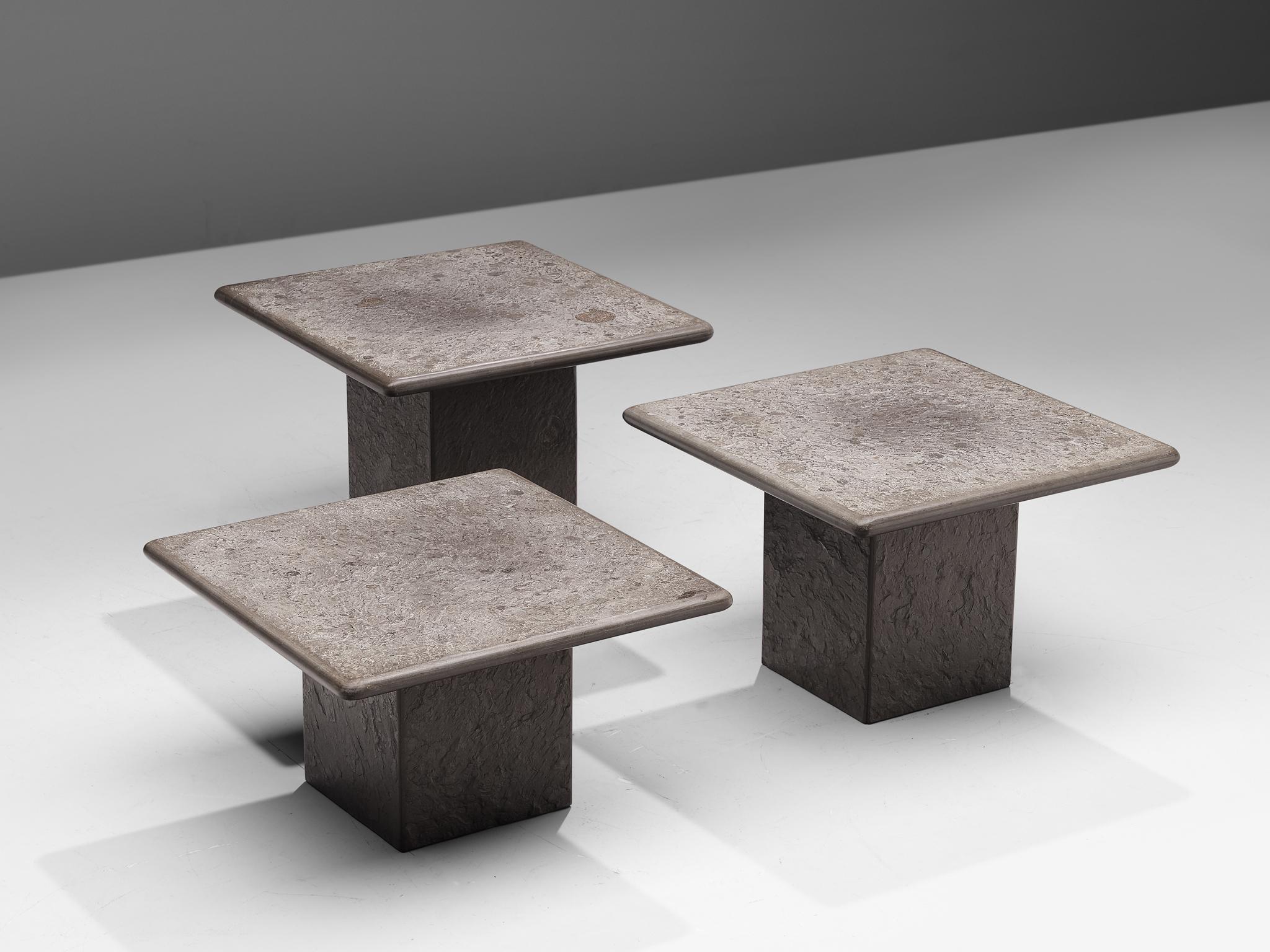 Set of three coffee tables, fossil stone, Italy, 1970

This set of cocktail tables features squared shaped bases made out of grey stone with marks of fossils. With this natural detail the tables get a unique look. The edges or the tops are