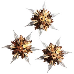 Set of Three Italian Sunburst Foliage Light Fixtures in Gilt Metal