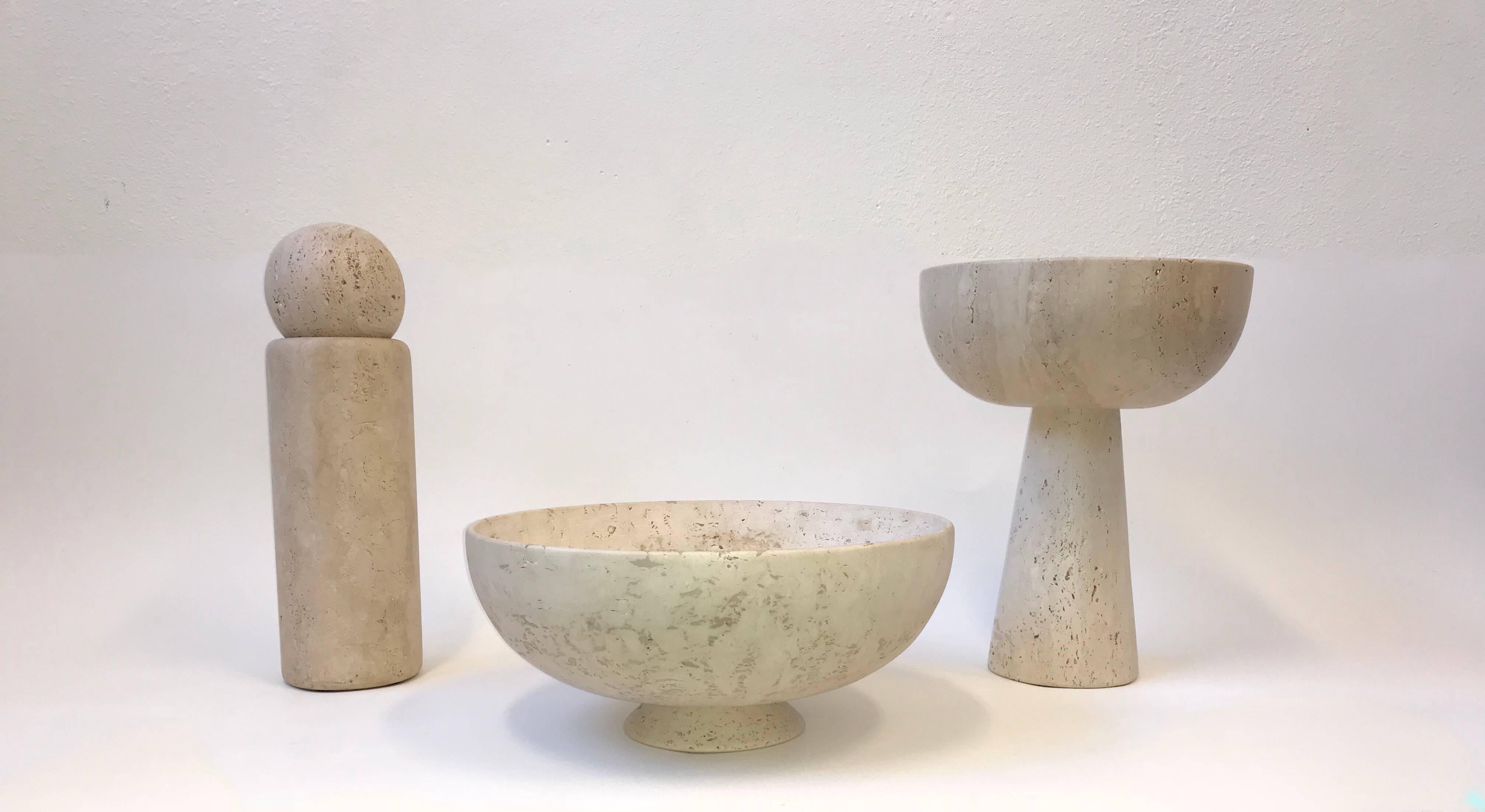 Set of Three Italian Travertine Architectural Bowl by Raymor 3