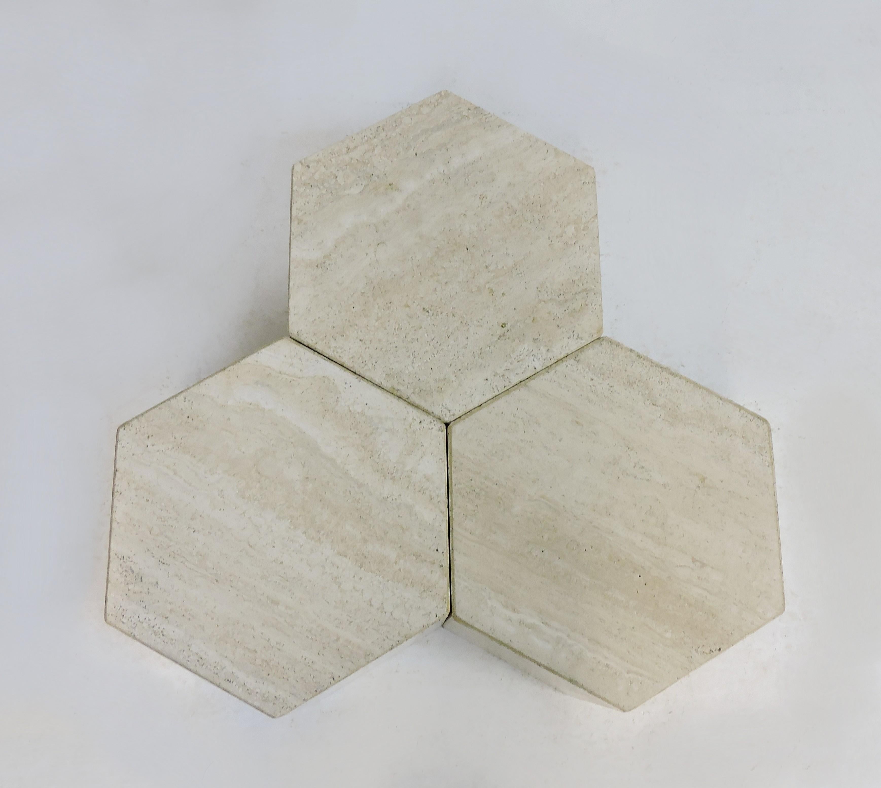 Mid-Century Modern Set of Three Italian Travertine Marble Hexagon Modular Coffee or End Tables
