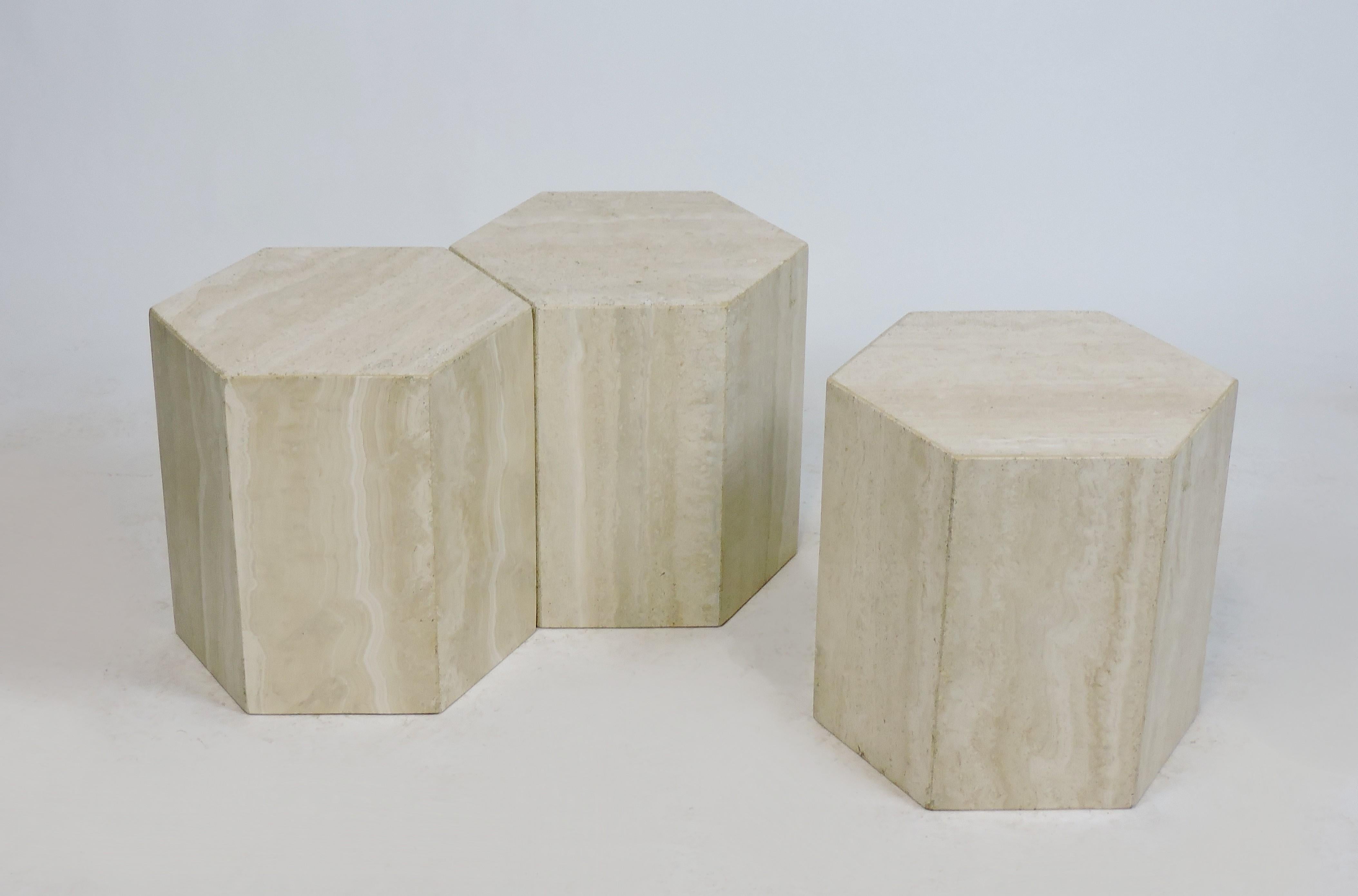 Polished Set of Three Italian Travertine Marble Hexagon Modular Coffee or End Tables