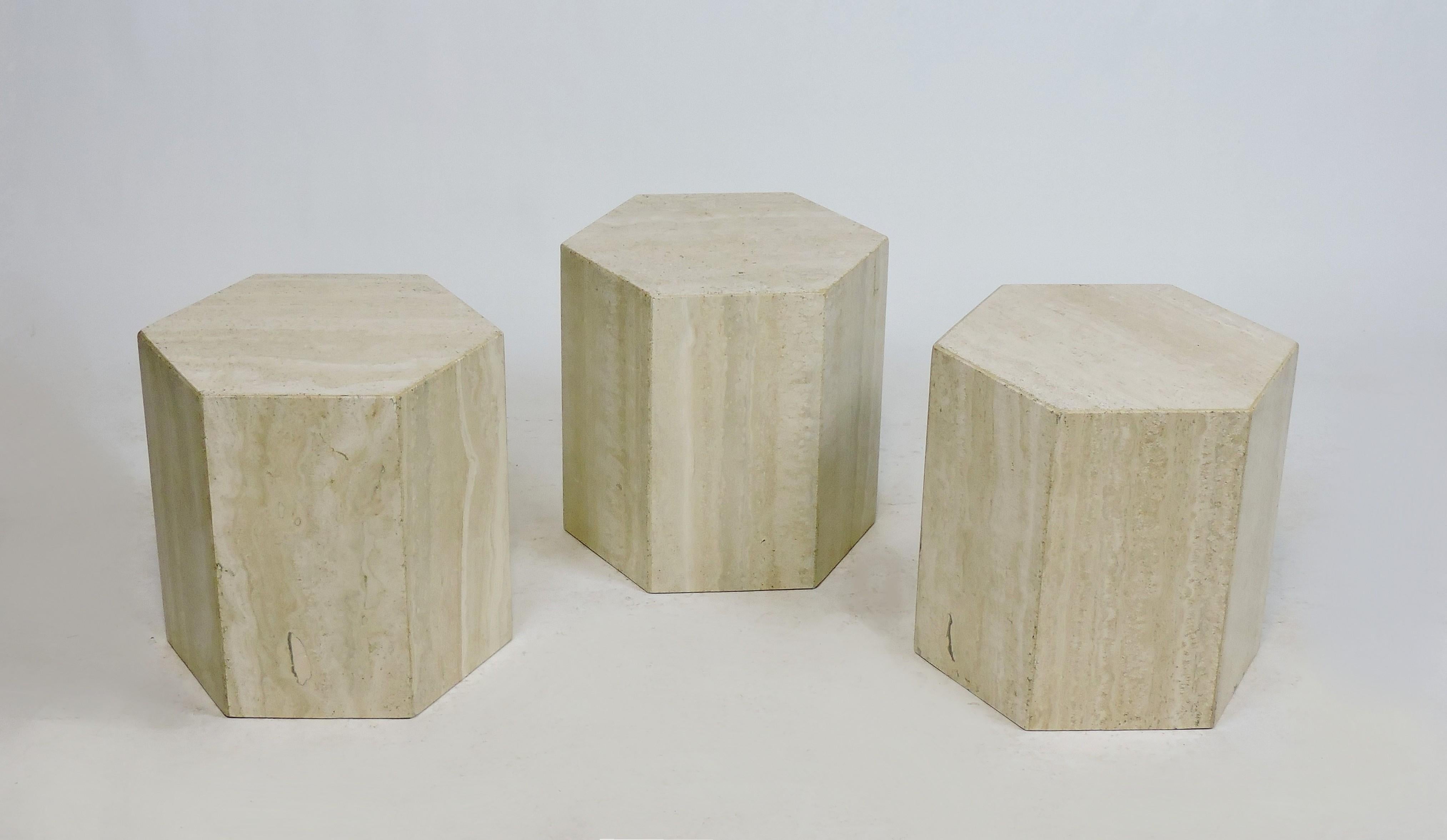 Set of Three Italian Travertine Marble Hexagon Modular Coffee or End Tables In Good Condition In Chesterfield, NJ