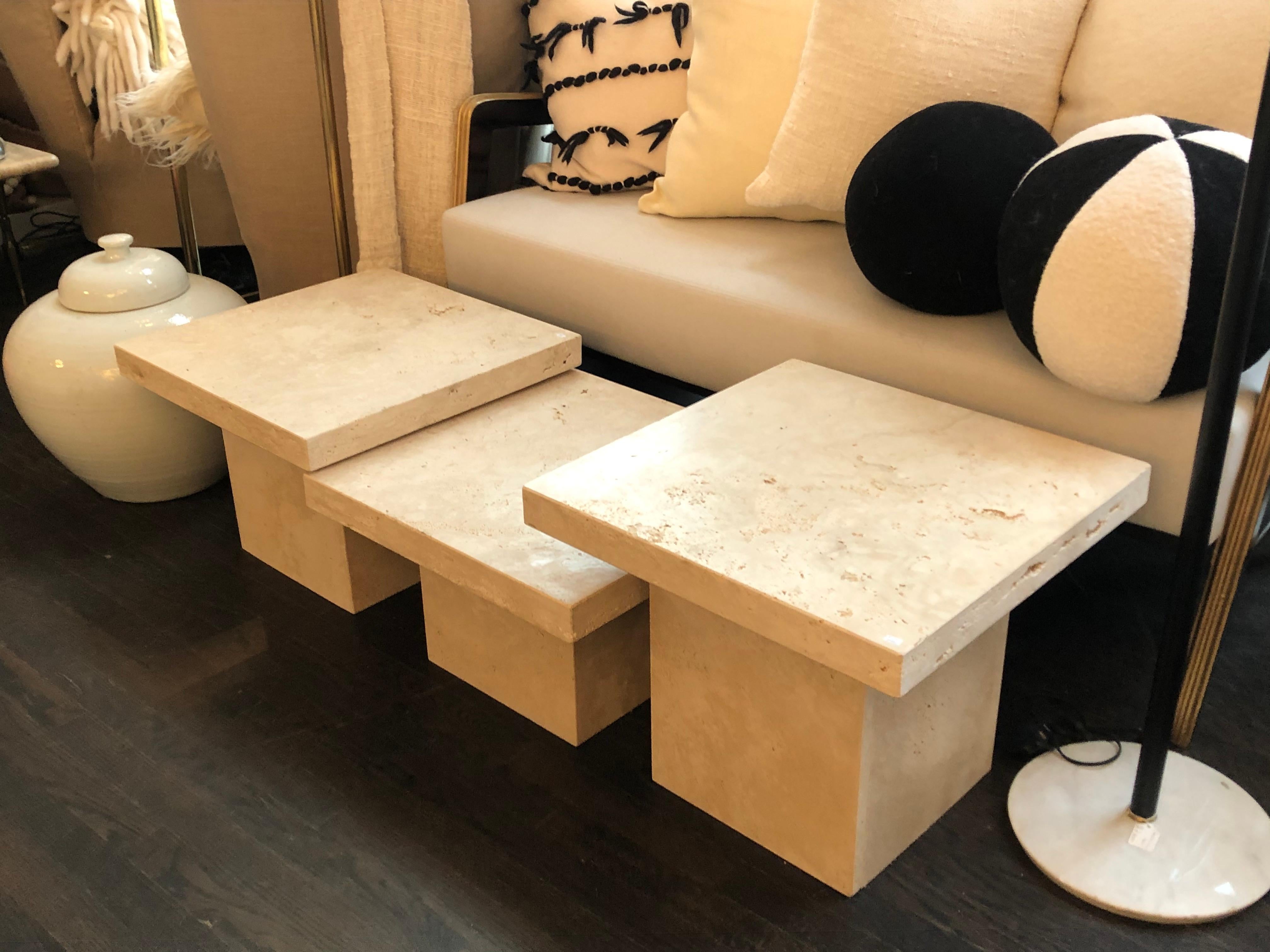 Set of three Italian Travertine tables by Le Lampade 
Handmade in Italy and can custom work can be done.
We choose or stones, slabs or blocks.