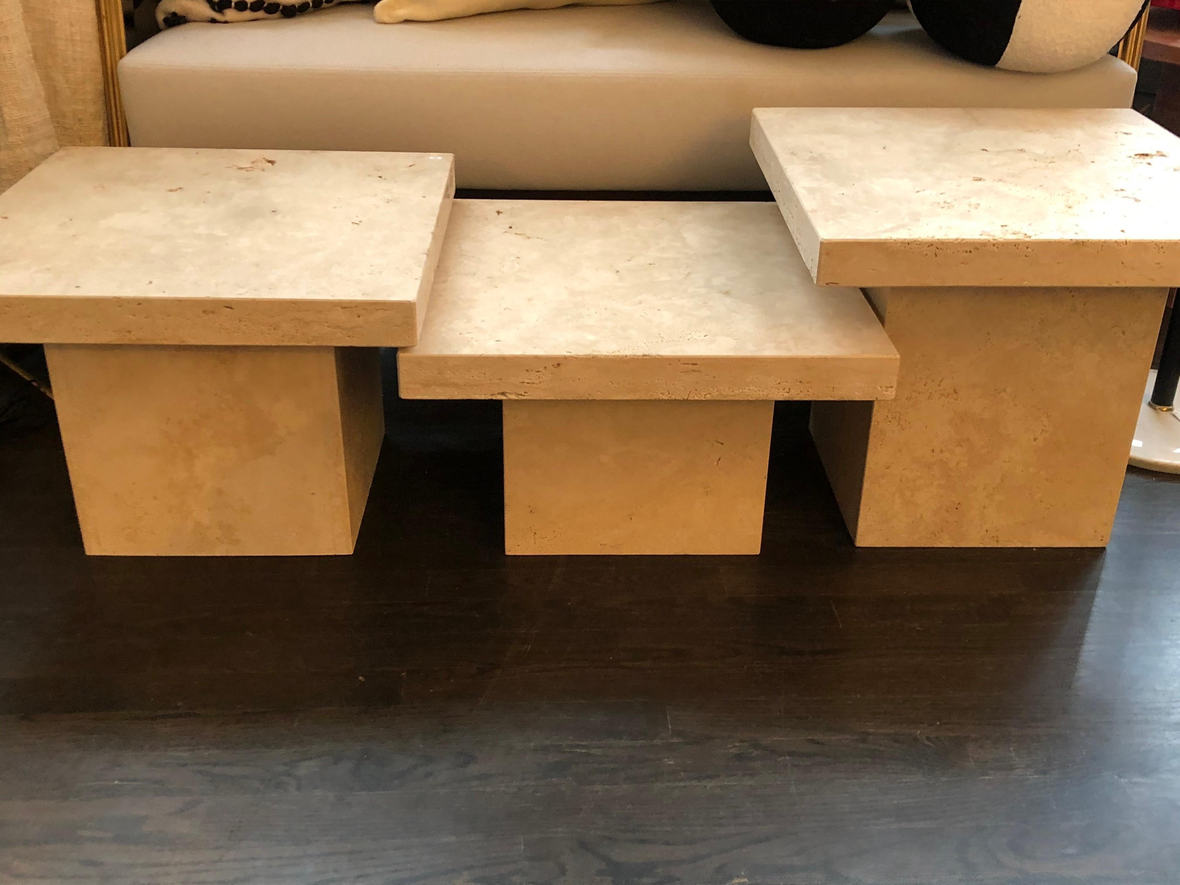 Hand-Crafted Set of Three Italian Travertine Tables by Le Lampade