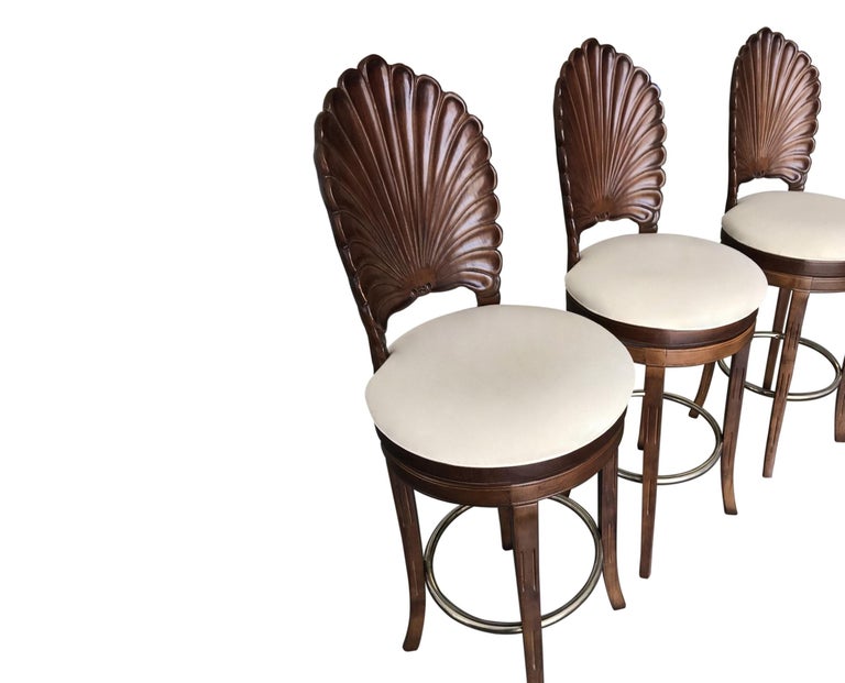 Upholstery Set of Three Italian Venetian Grotto Shell Back Swivel Bar Stools For Sale