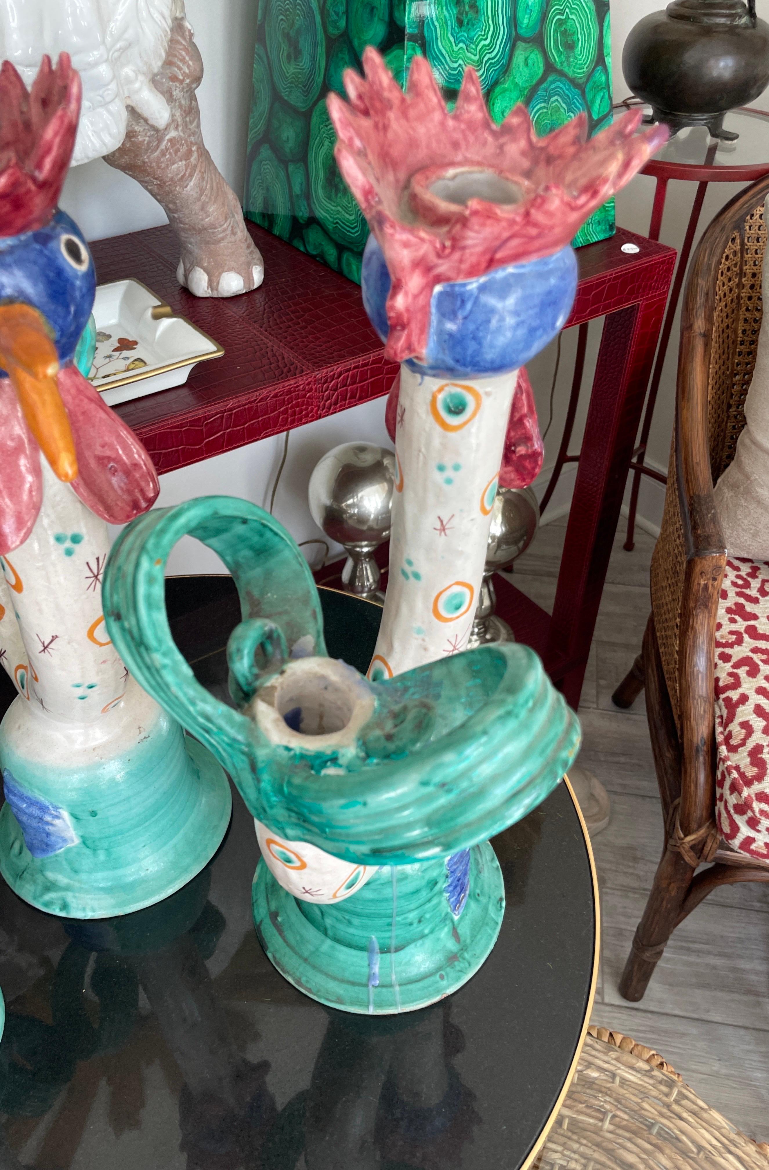 Terracotta Set di tre candelieri italiani a forma di gallo di Vietri in vendita