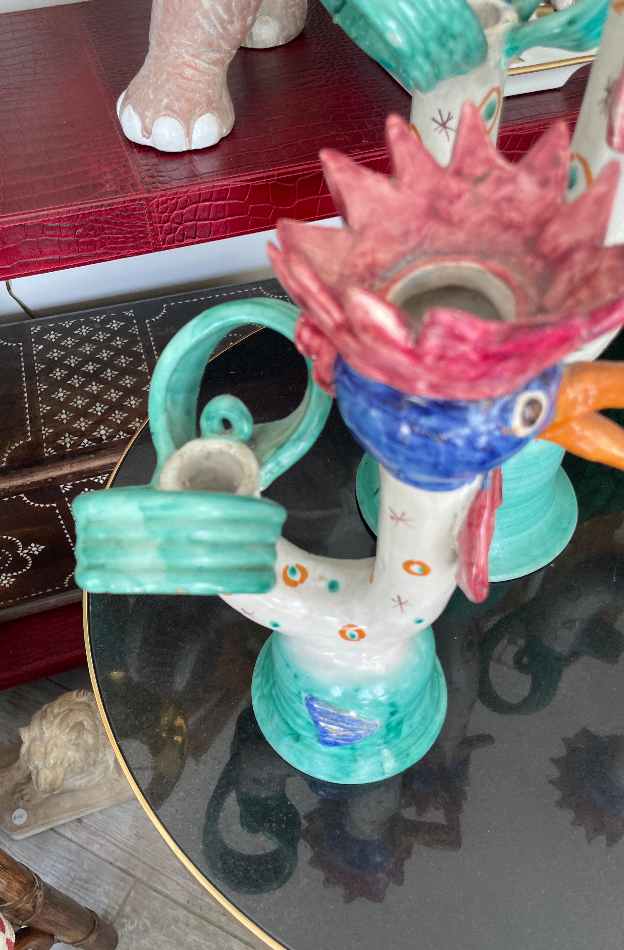 Set di tre candelieri italiani a forma di gallo di Vietri in vendita 1