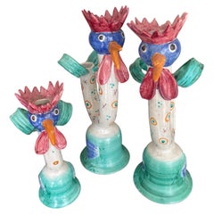 Set di tre candelieri italiani a forma di gallo di Vietri