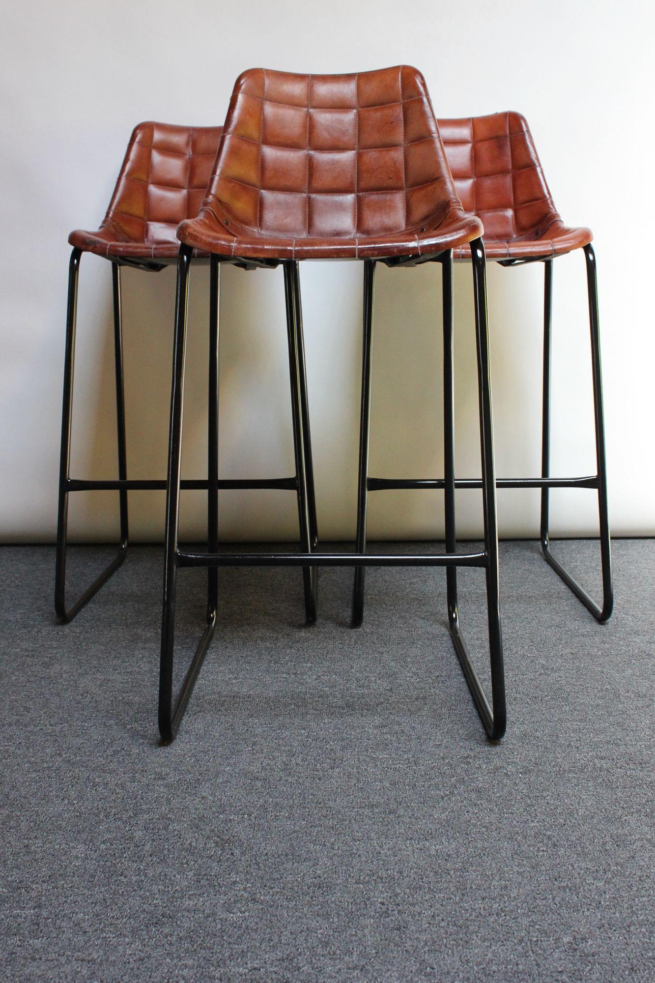 Mid-Century Modern Set of Three Italian Vintage Leatherette and Wrought Iron Barstools For Sale