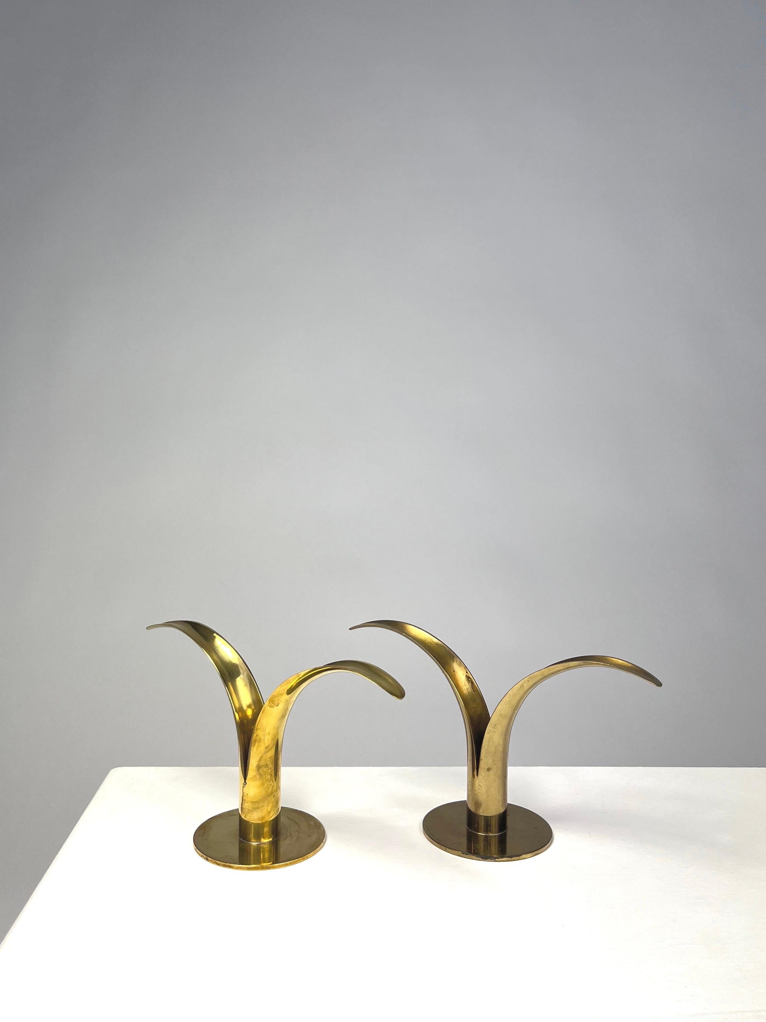 Mid-Century Modern Set of Three Ivar Alenius Björk Lily Candle Holders Ystad Metall Sweden Brass 
