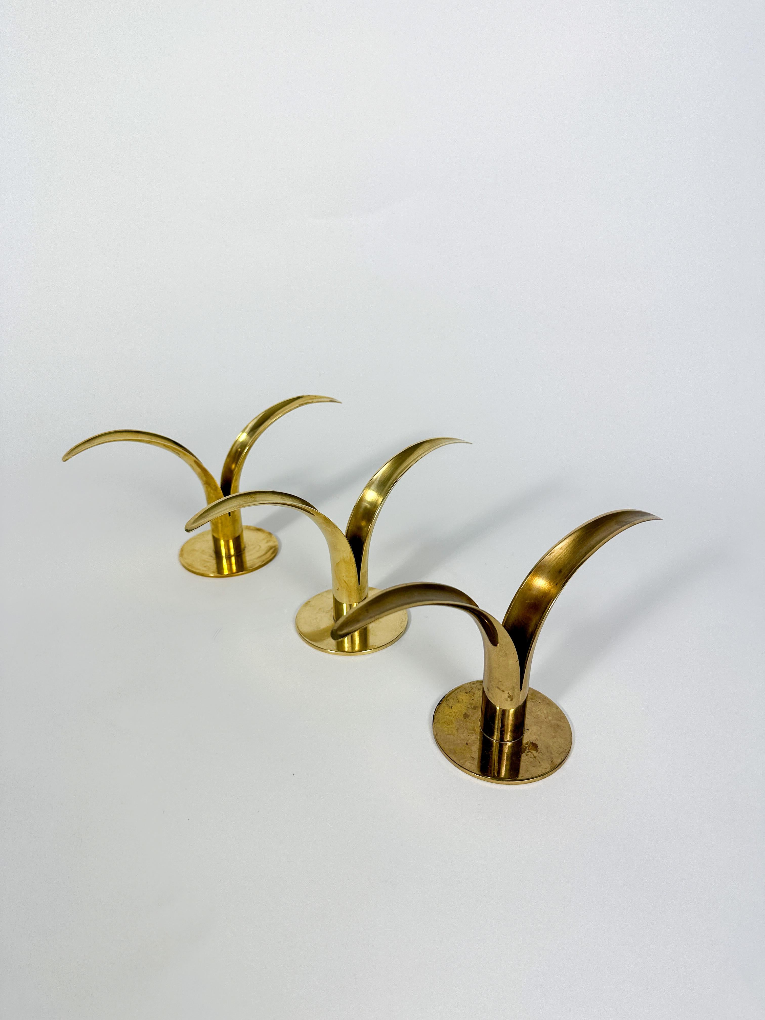 Hand-Crafted Set of Three Ivar Alenius Björk Lily Candle Holders Ystad Metall Sweden Brass 
