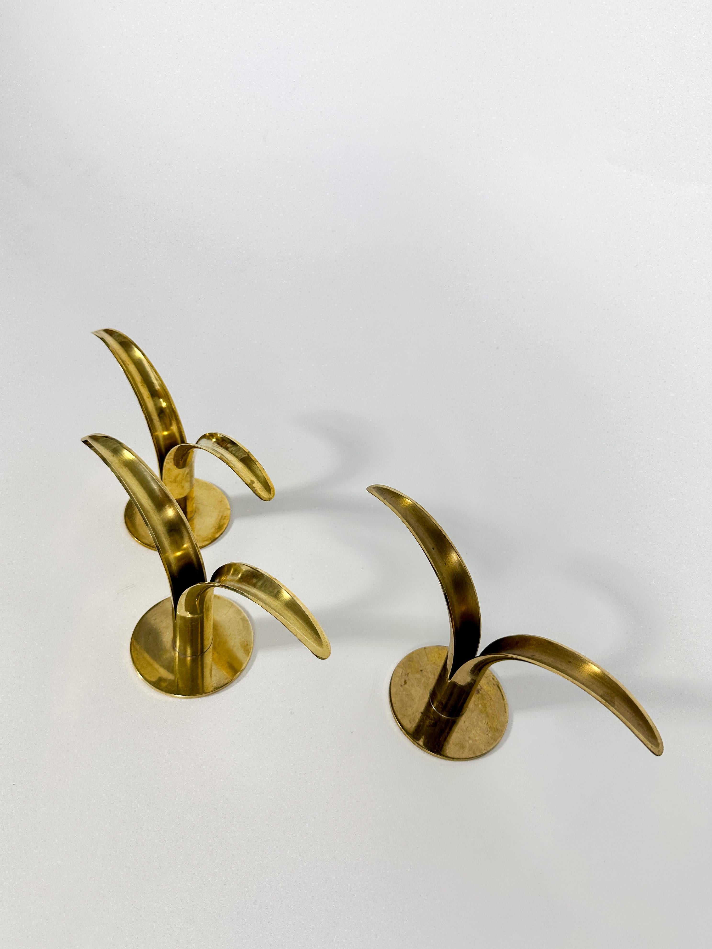Mid-20th Century Set of Three Ivar Alenius Björk Lily Candle Holders Ystad Metall Sweden Brass 