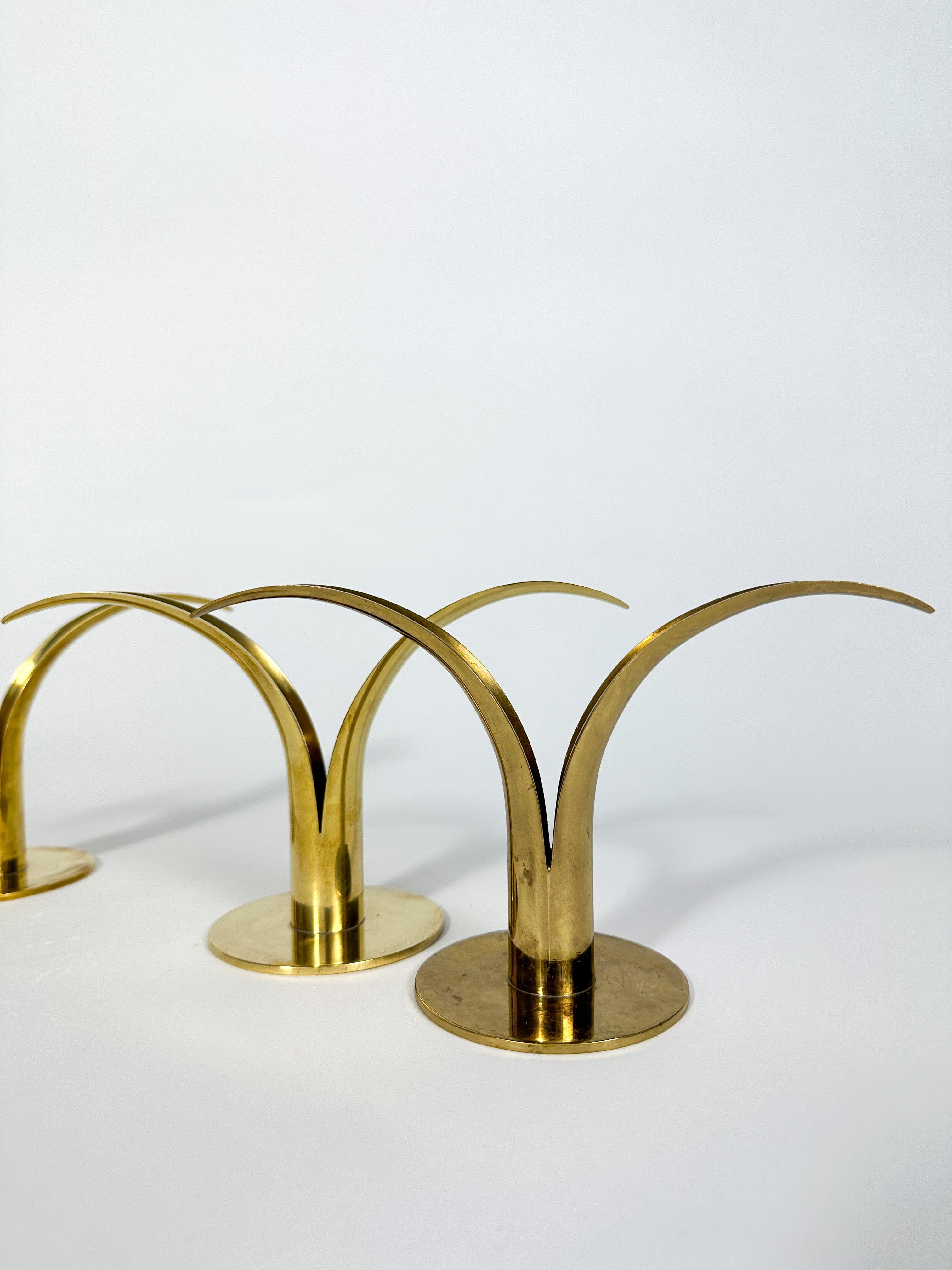 Set of Three Ivar Alenius Björk Lily Candle Holders Ystad Metall Sweden Brass  1